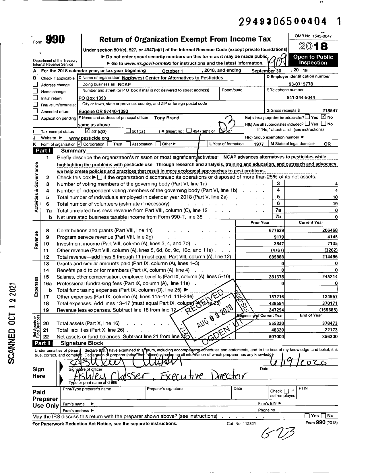 Image of first page of 2018 Form 990 for Northwest Center for Alternatives To Pesticides (NCAP)