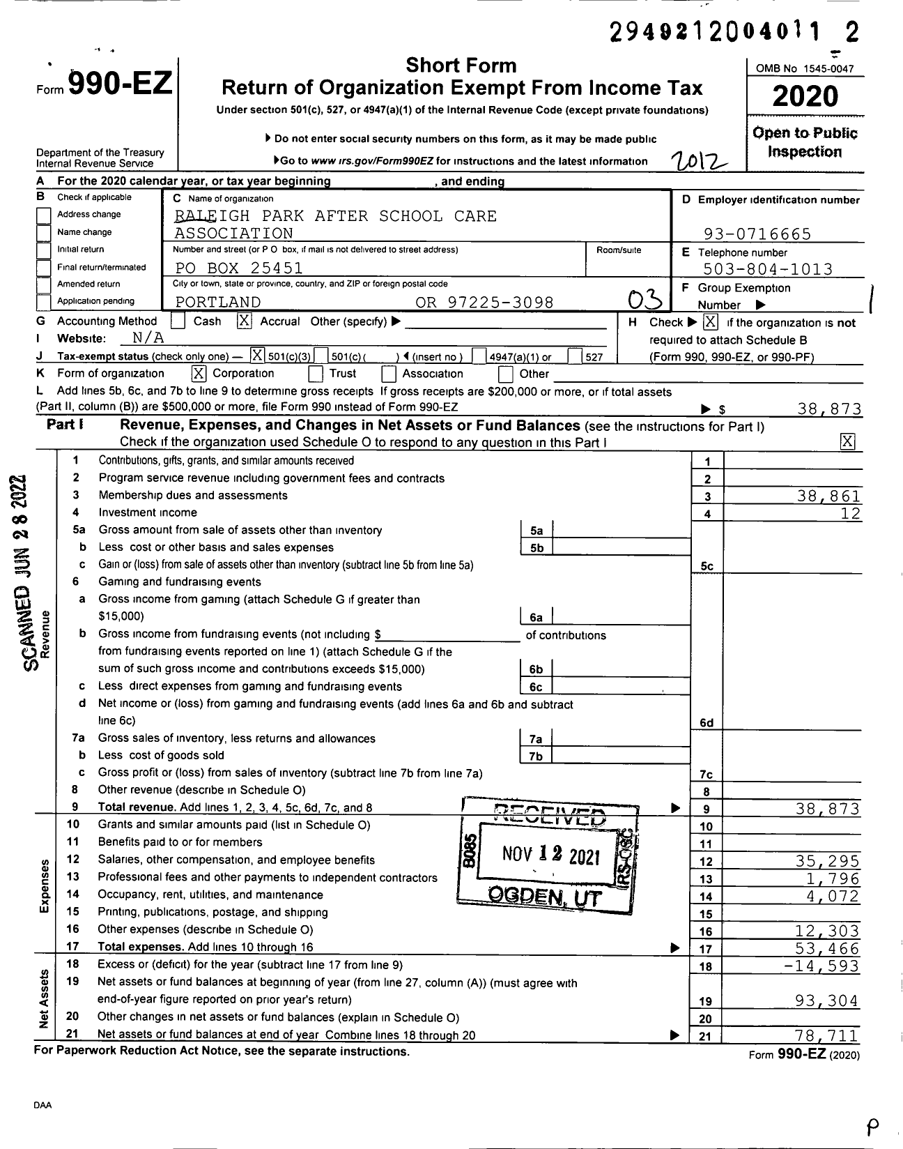 Image of first page of 2020 Form 990EZ for Raleigh Park After School Care Association