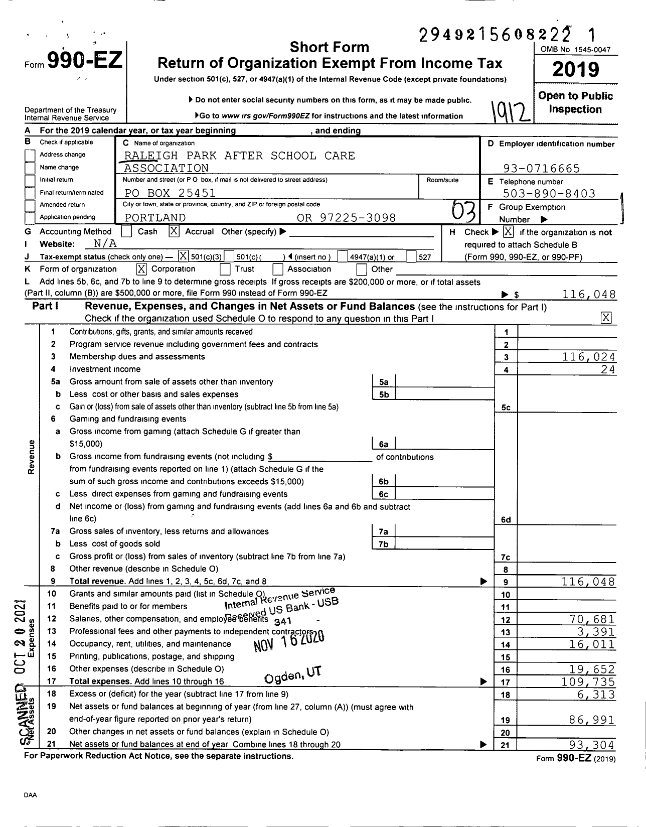 Image of first page of 2019 Form 990EZ for Raleigh Park After School Care Association