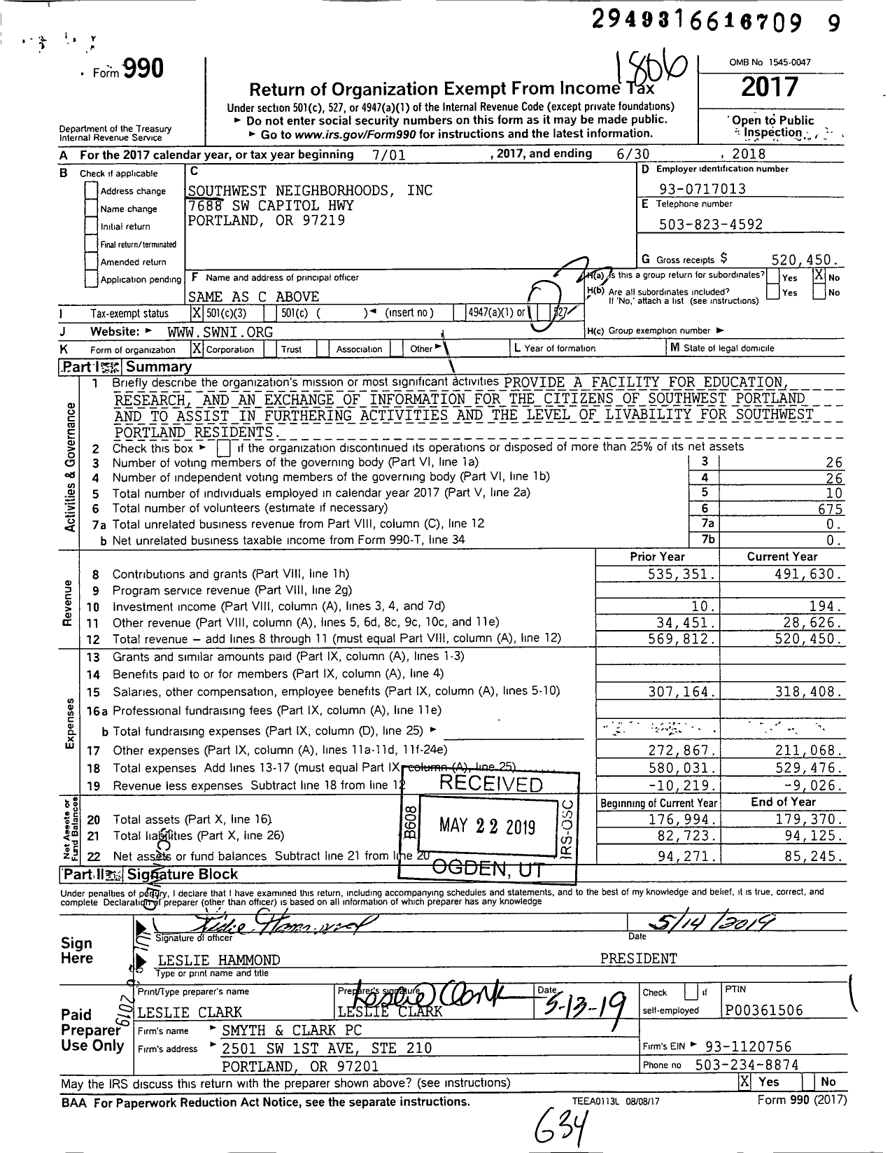 Image of first page of 2017 Form 990 for Southwest Neighborhoods