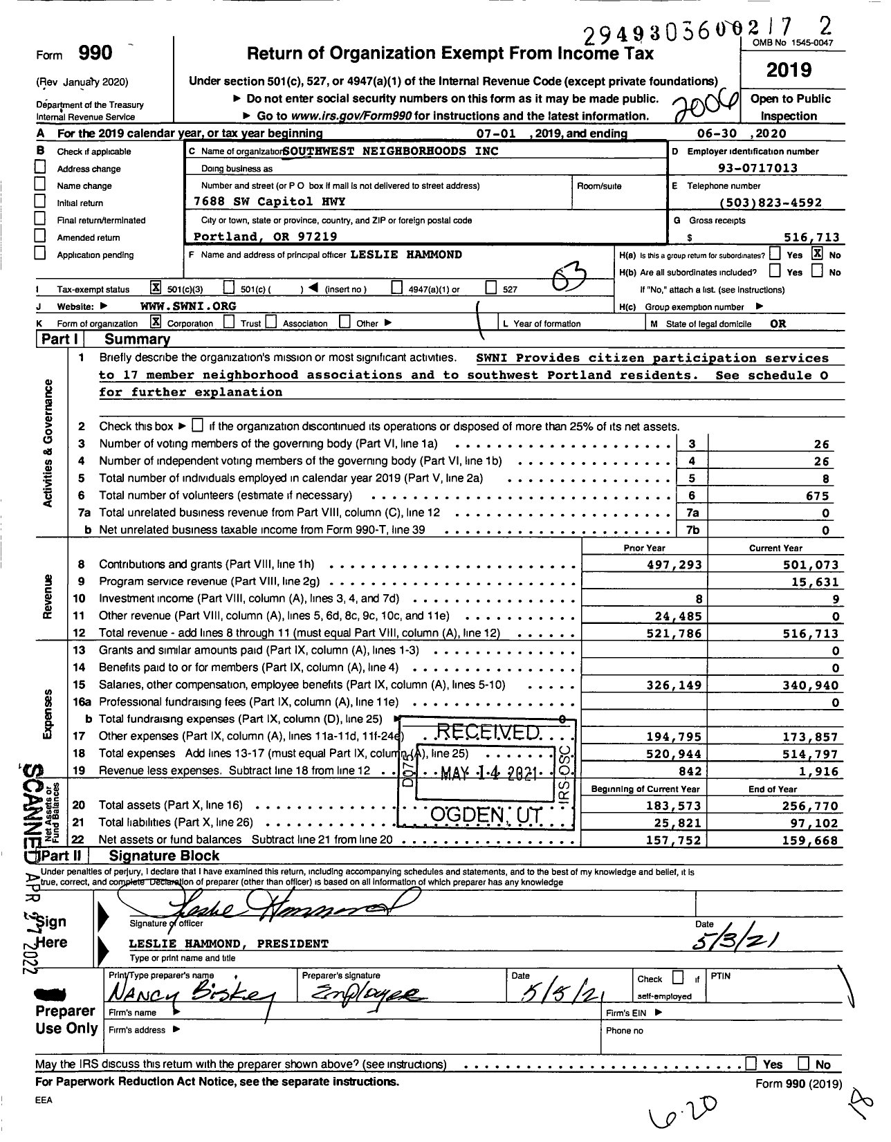 Image of first page of 2019 Form 990 for Southwest Neighborhoods