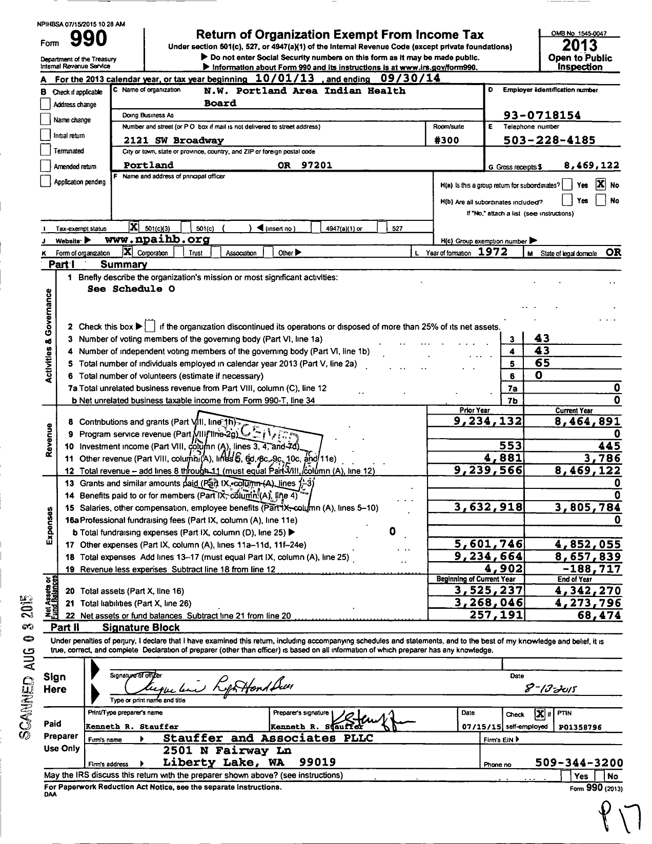 Image of first page of 2013 Form 990 for Northwest Portland Area Indian Health Board (NPAIHB)
