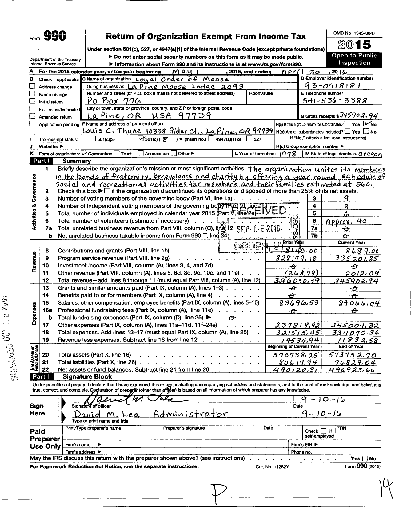 Image of first page of 2015 Form 990O for Loyal Order of Moose - 2093