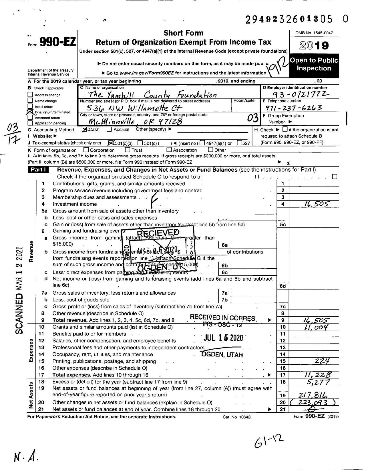 Image of first page of 2019 Form 990EZ for Yamhill County Foundation