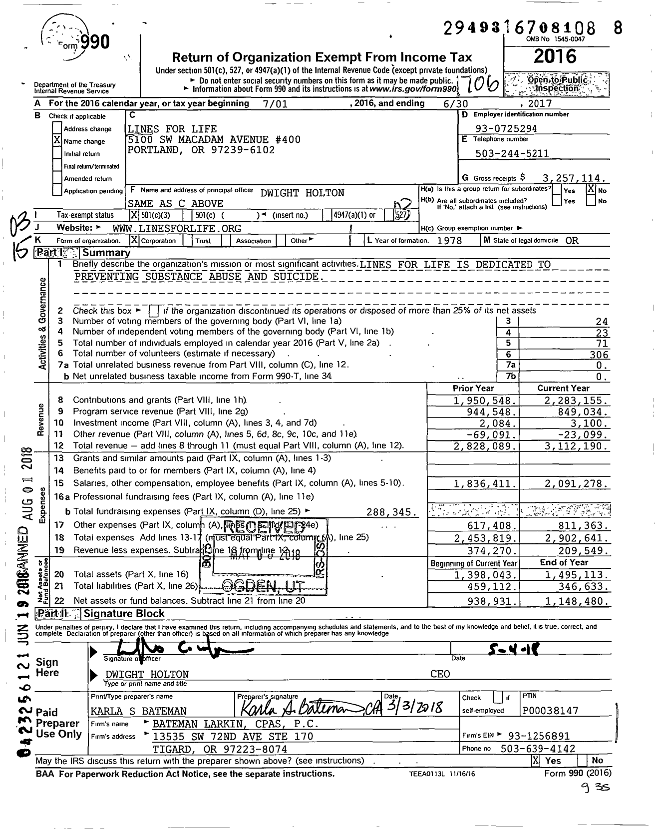 Image of first page of 2016 Form 990 for Lines for Life