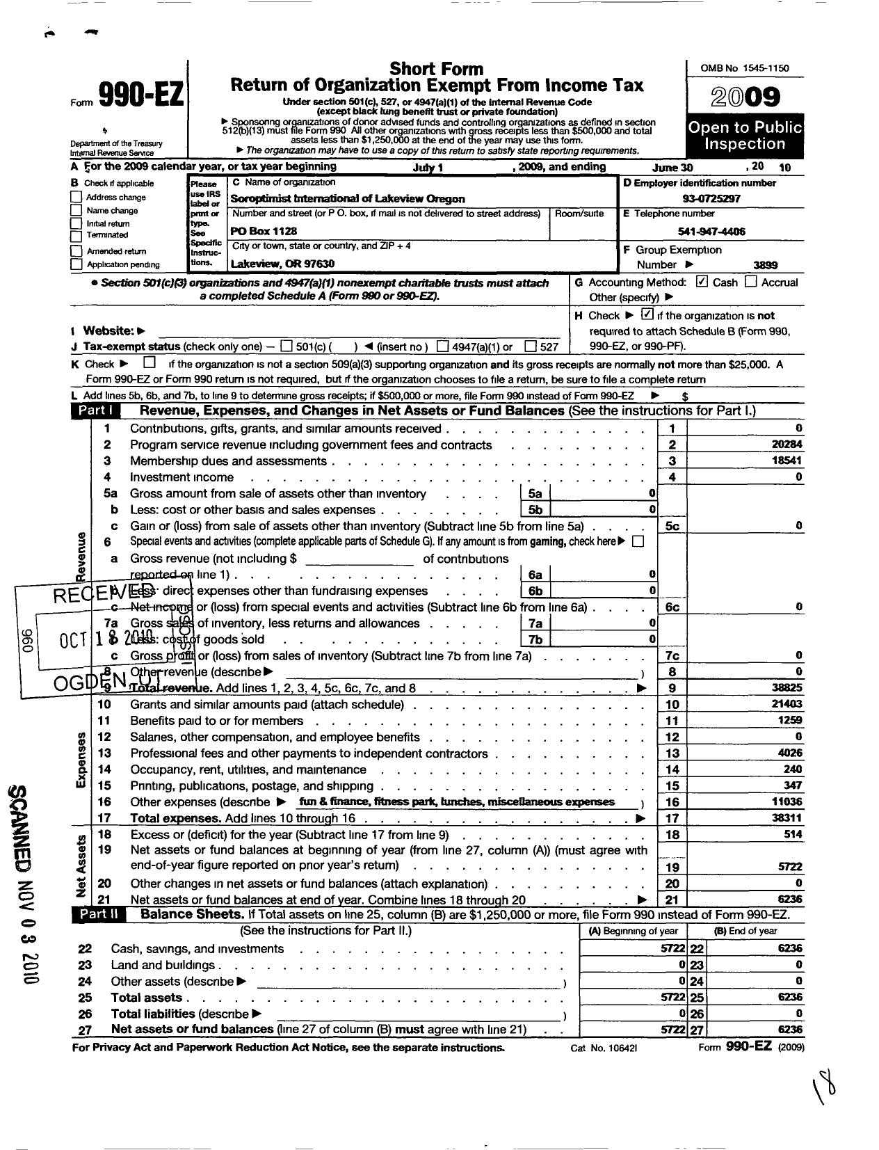 Image of first page of 2009 Form 990EO for Soroptimist International of the Americas - 111216 Lakeview Or