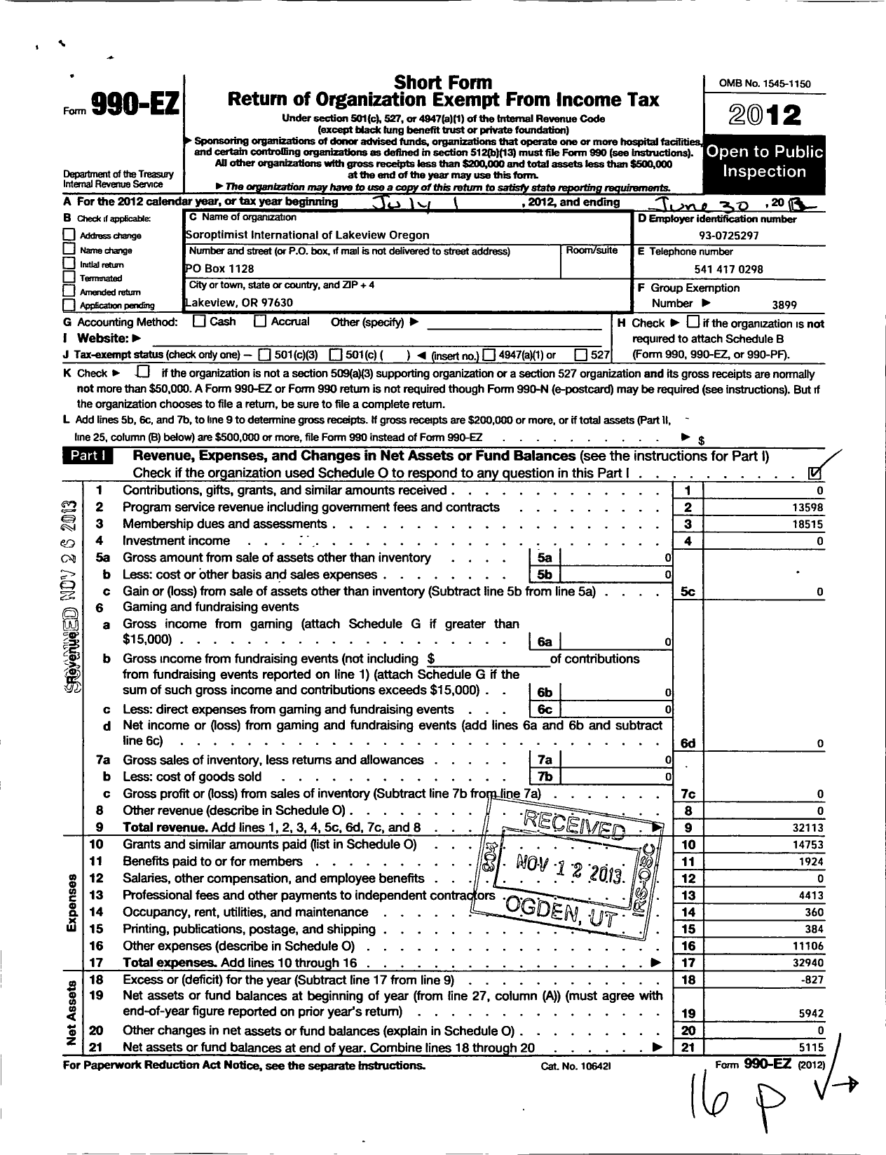 Image of first page of 2012 Form 990EO for Soroptimist International of the Americas - 111216 Lakeview Or