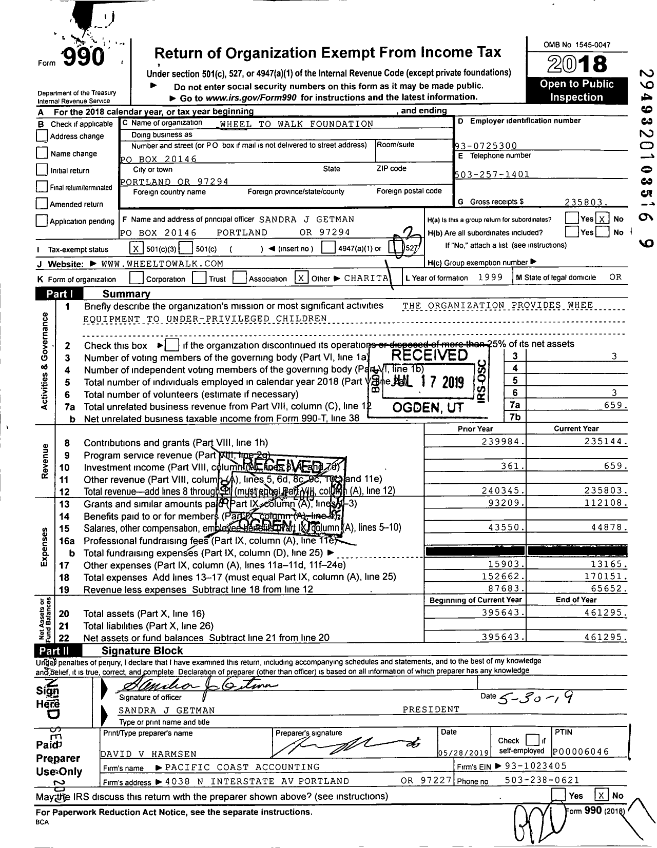 Image of first page of 2018 Form 990 for Wheel To Walk Foundation