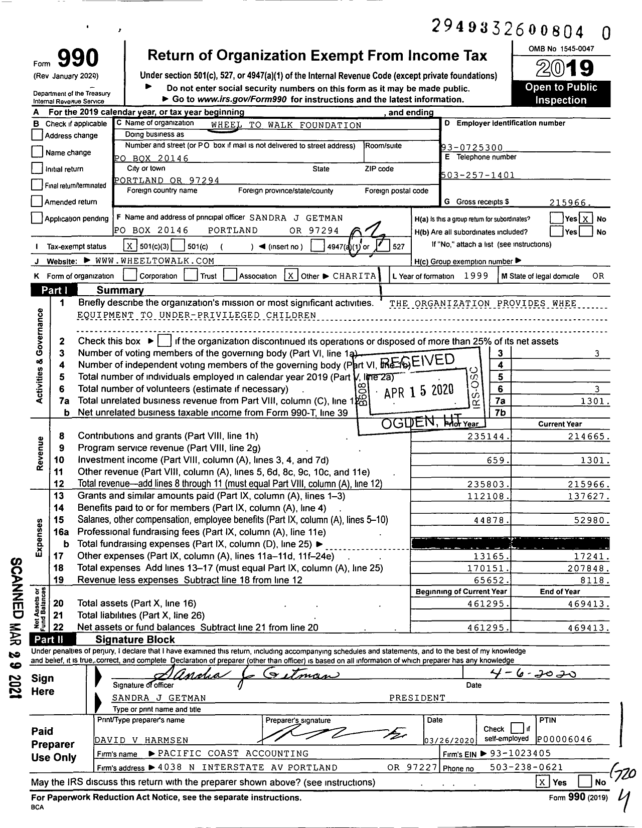 Image of first page of 2019 Form 990 for Wheel To Walk Foundation