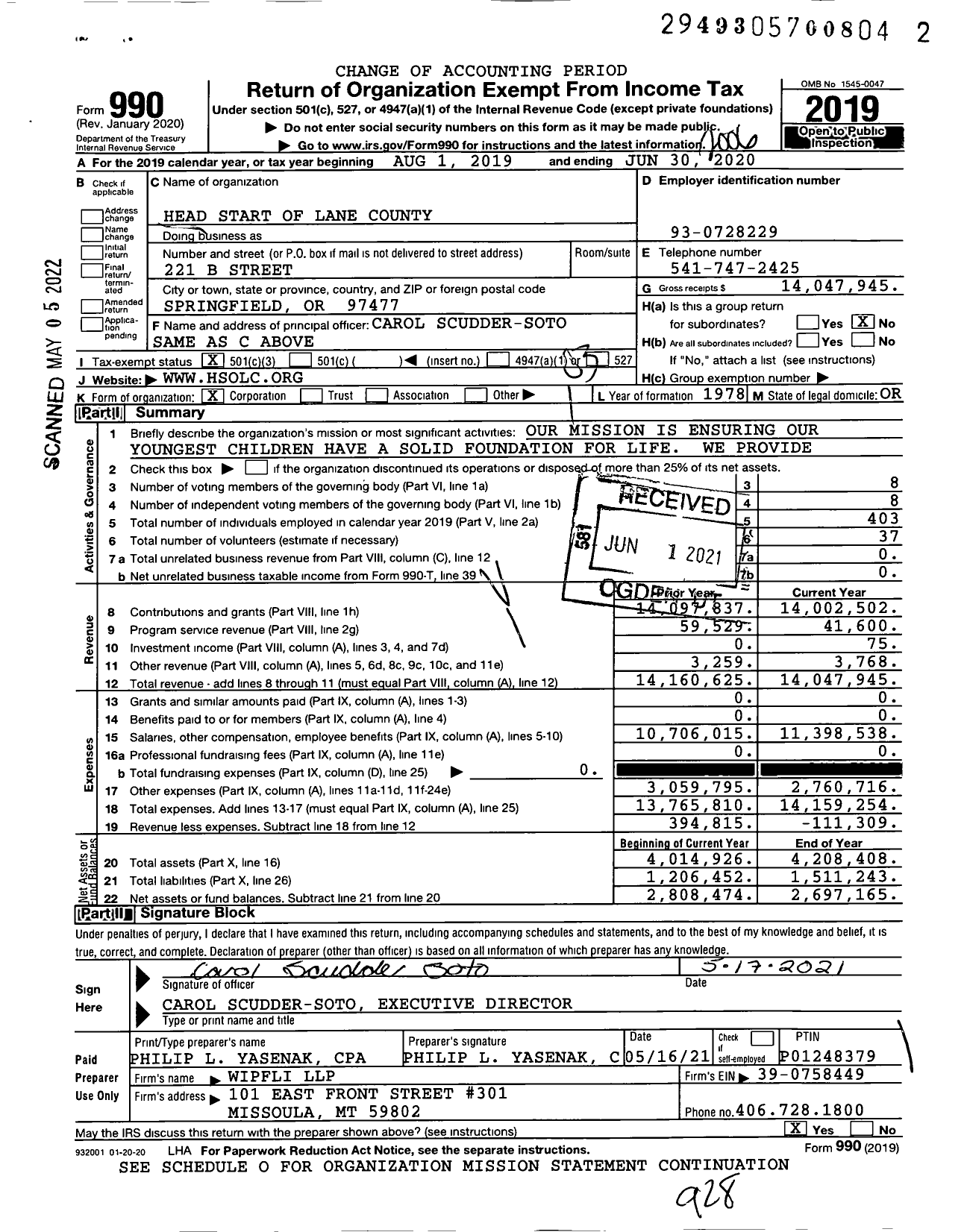 Image of first page of 2019 Form 990 for Head Start of Lane County