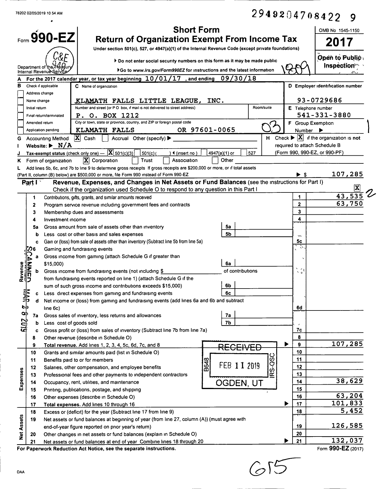 Image of first page of 2017 Form 990EZ for Little League Baseball - 4370604 Klamath Falls LL