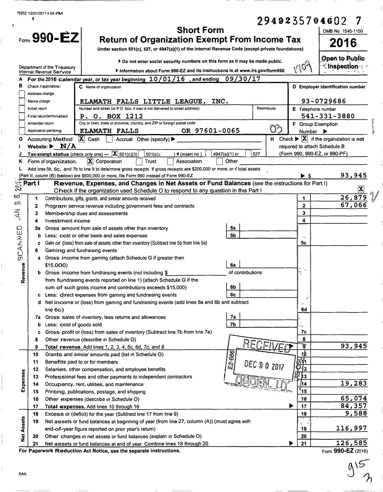 Image of first page of 2016 Form 990EZ for Little League Baseball - 4370604 Klamath Falls LL