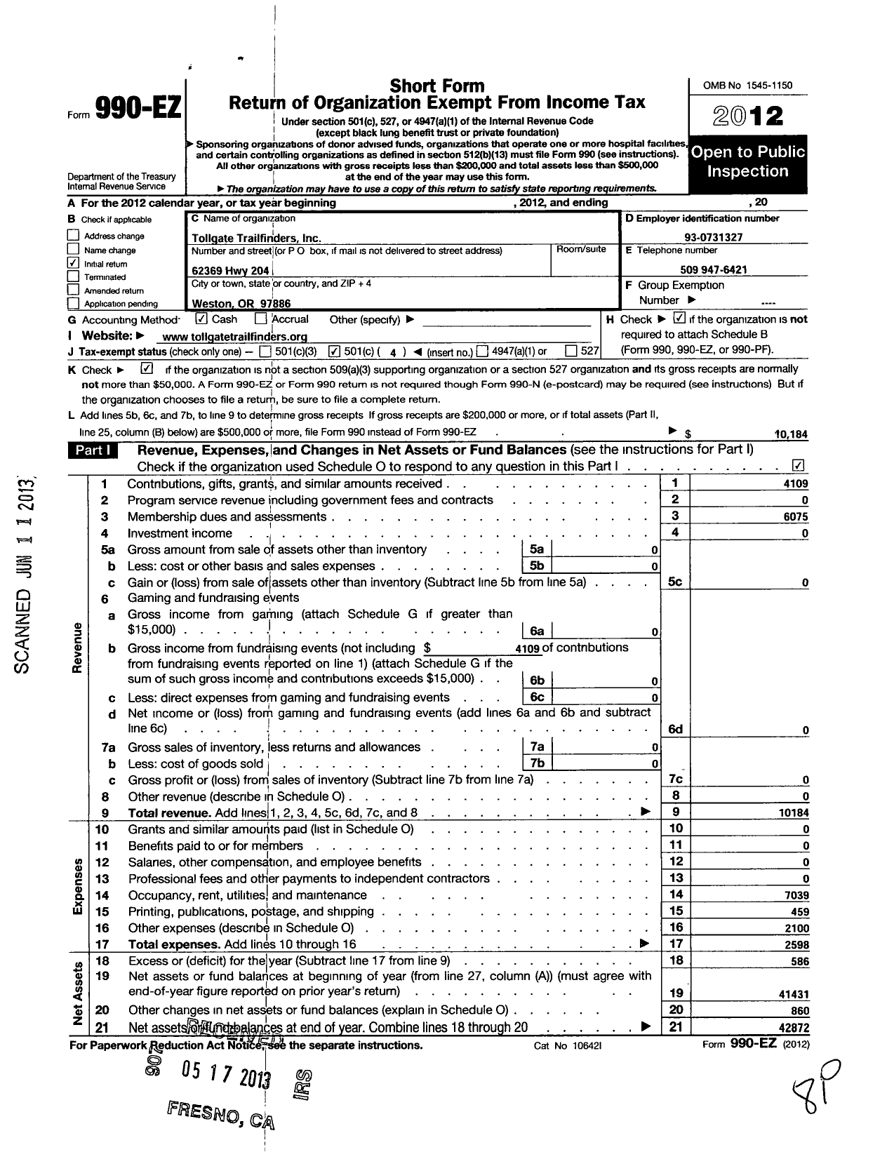 Image of first page of 2012 Form 990EO for Tollgate Trailfinders