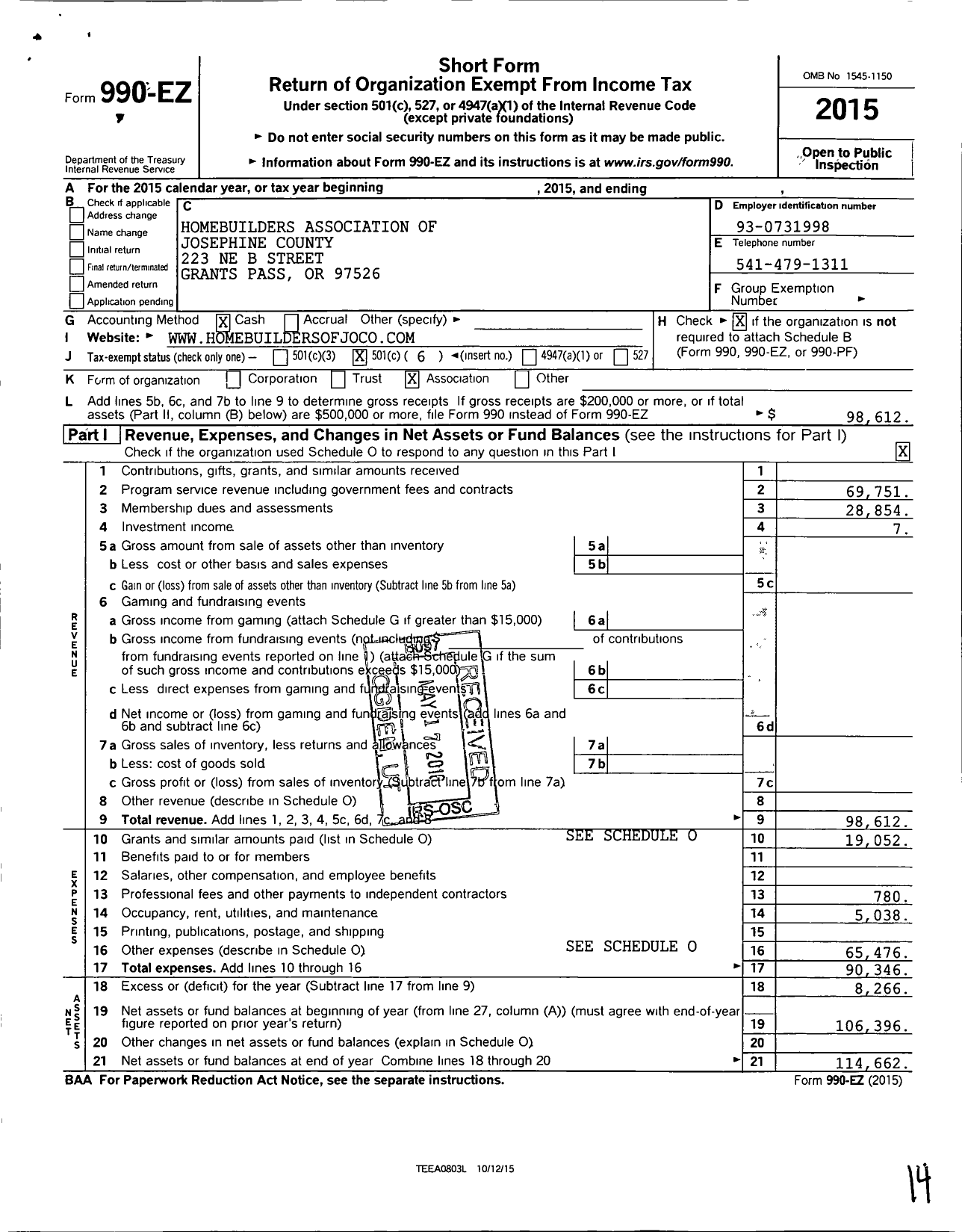 Image of first page of 2015 Form 990EO for Homebuilders Association of Josephine County