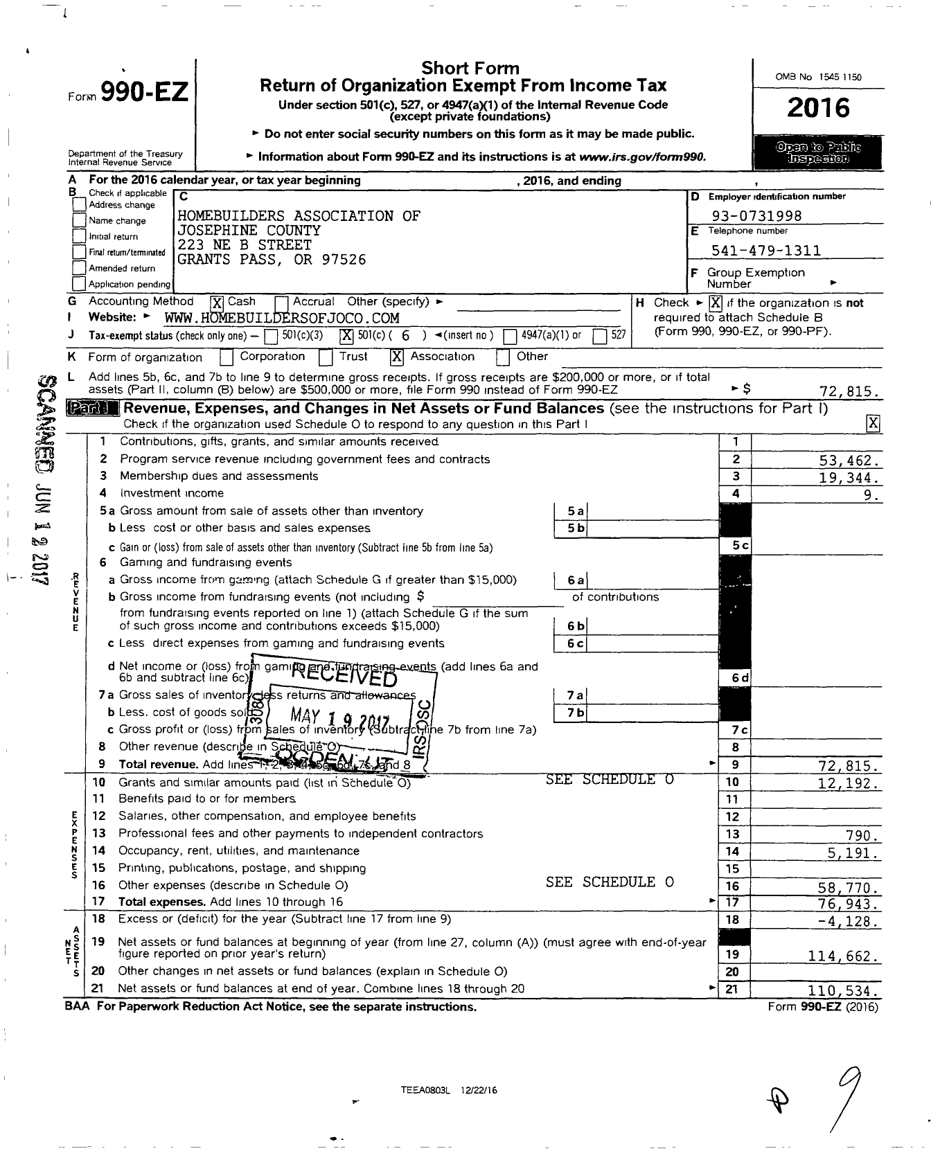 Image of first page of 2016 Form 990EO for Homebuilders Association of Josephine County