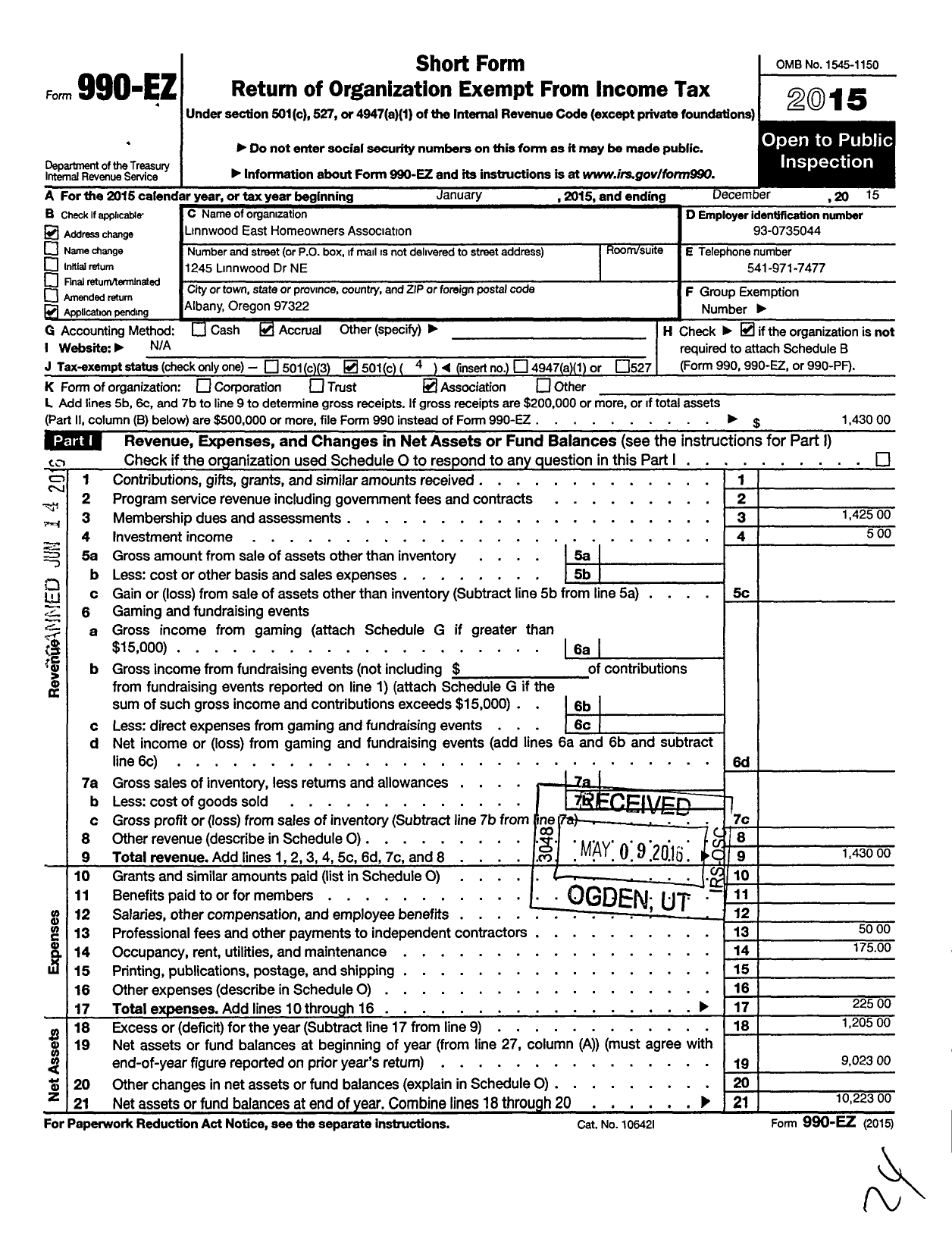 Image of first page of 2015 Form 990EO for Linnwood East Homeowners Association