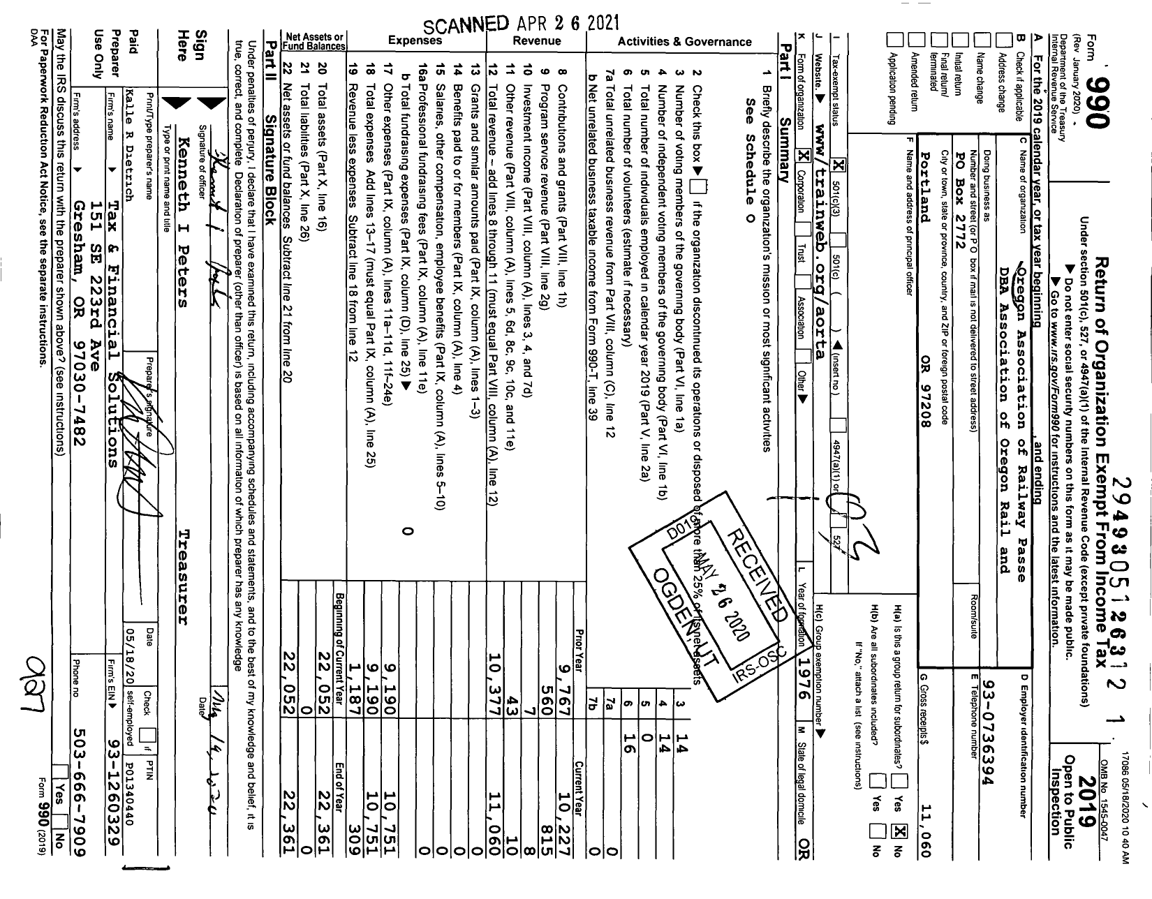 Image of first page of 2019 Form 990 for Oregon Association of Railway Passengers