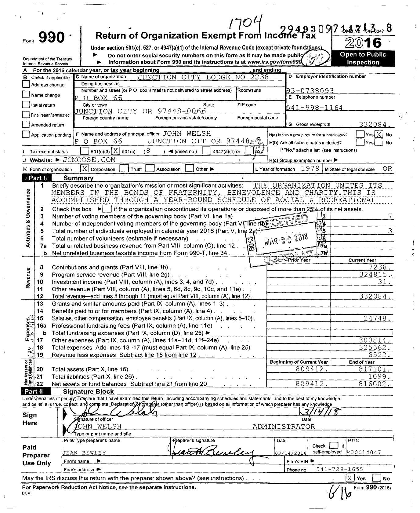 Image of first page of 2016 Form 990O for Loyal Order of Moose - 2238