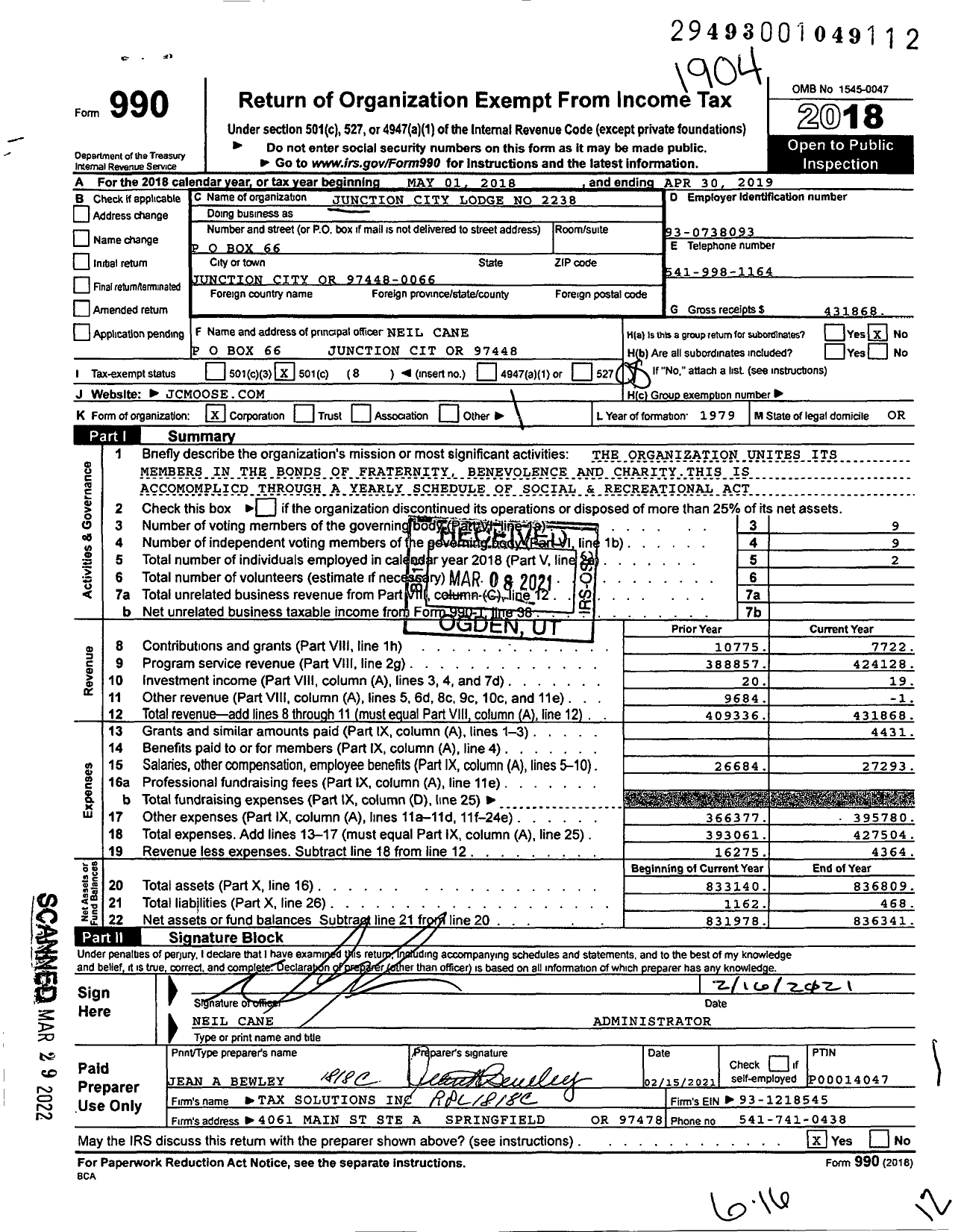 Image of first page of 2018 Form 990O for Loyal Order of Moose - 2238