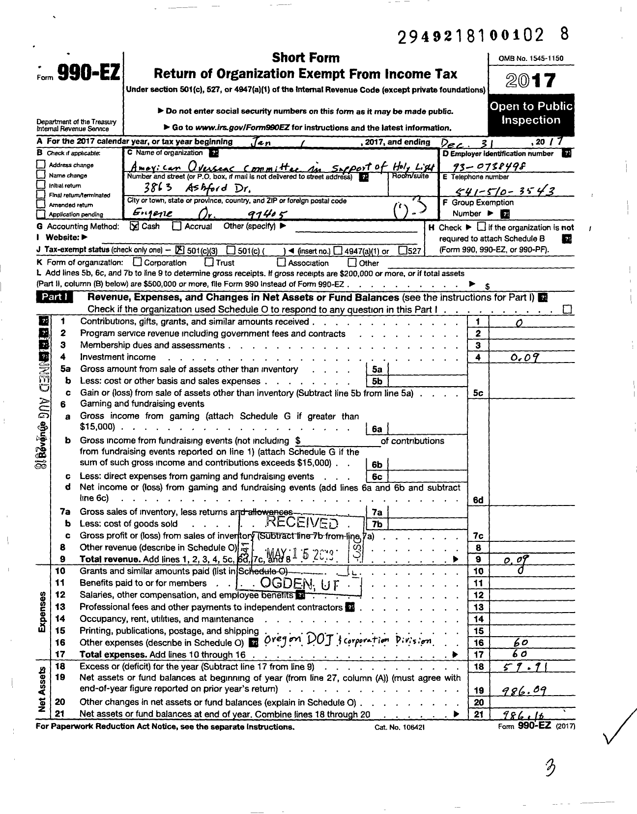 Image of first page of 2017 Form 990EZ for American Overseas Chinese Committee in Support of Holy Light