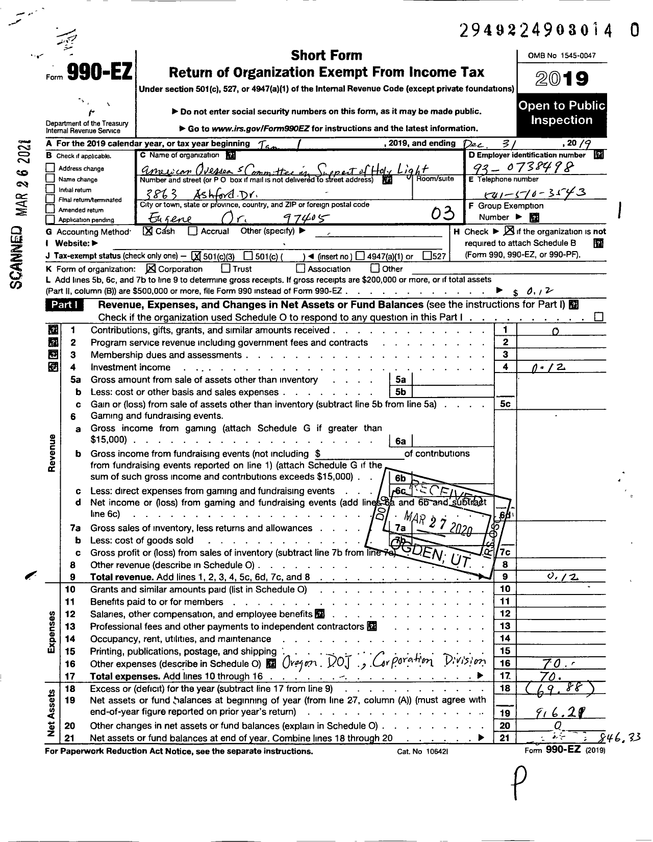 Image of first page of 2019 Form 990EZ for American Overseas Chinese Committee in Support of Holy Light