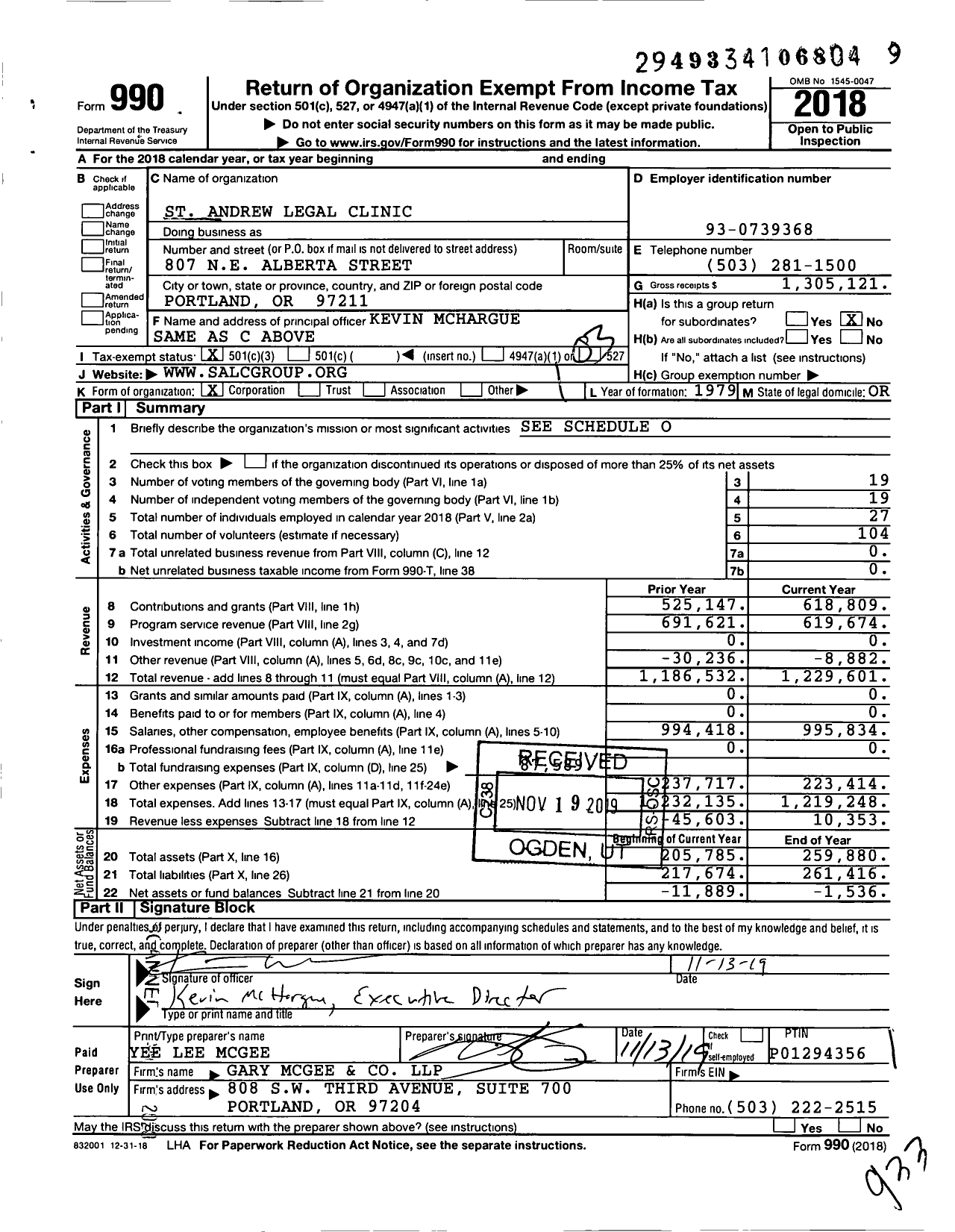 Image of first page of 2018 Form 990 for St Andrew Legal Clinic