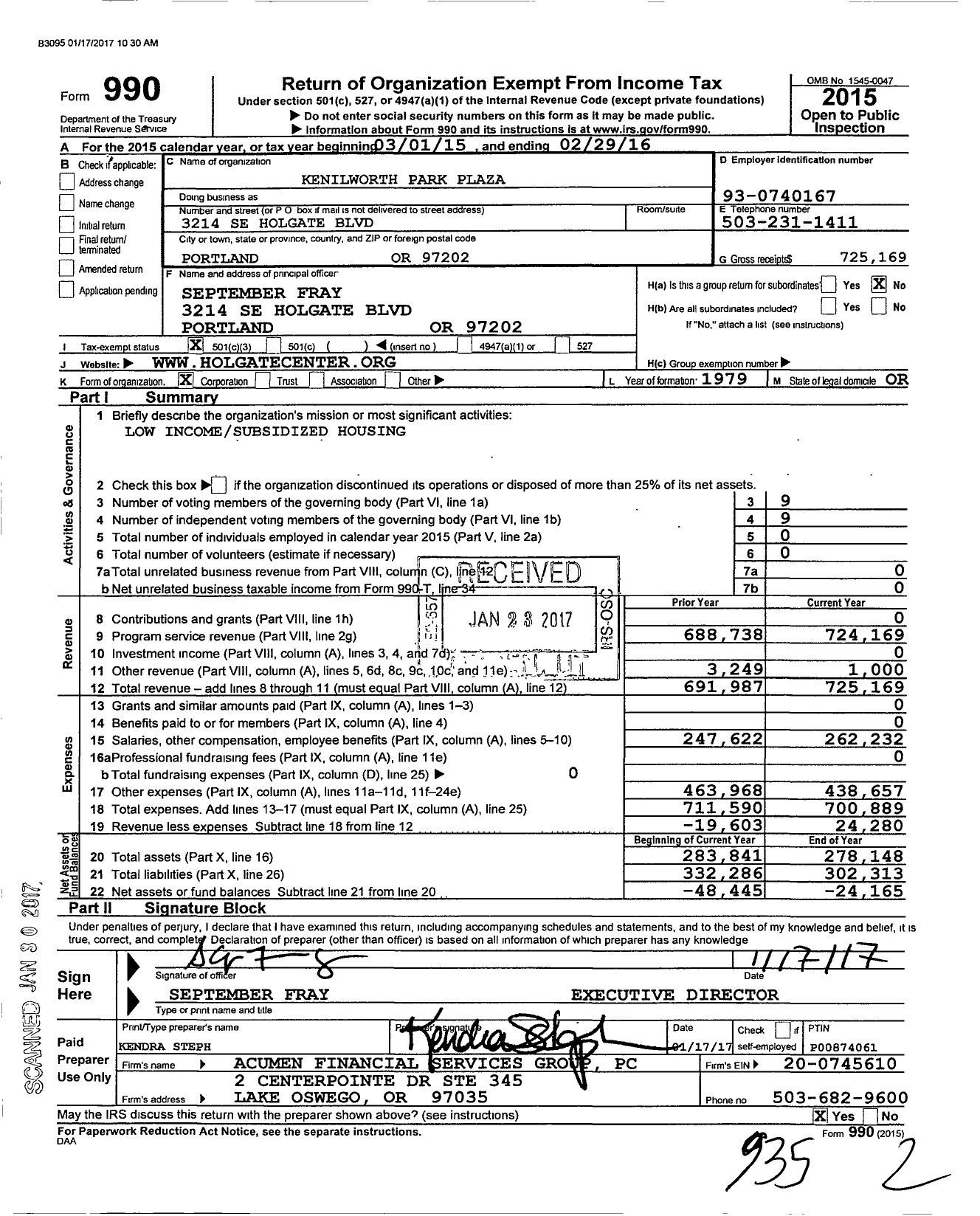 Image of first page of 2015 Form 990 for Independent Order of Odd Fellows - Kenilworth Park Plaza