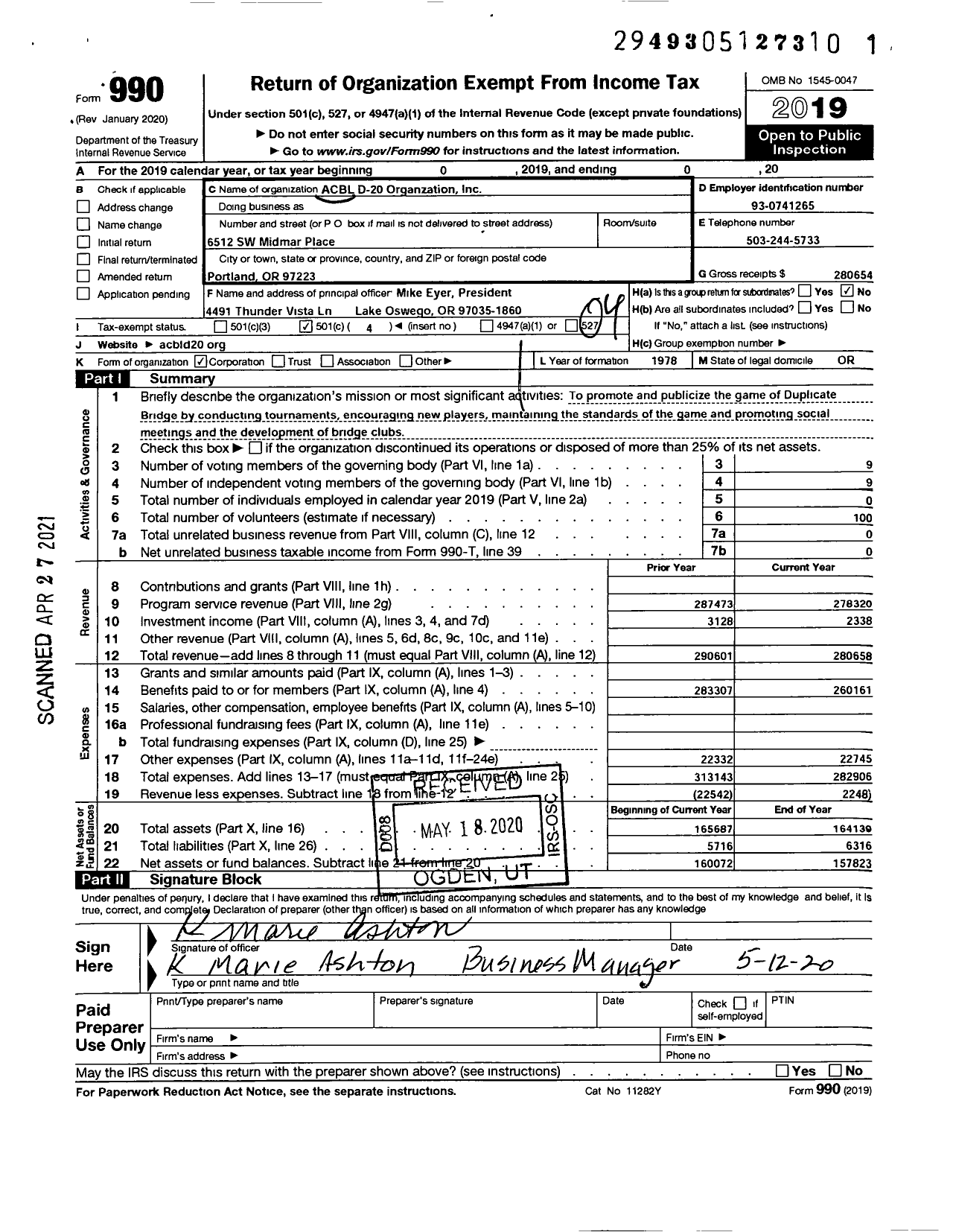 Image of first page of 2019 Form 990O for Acbl D-20 Organization