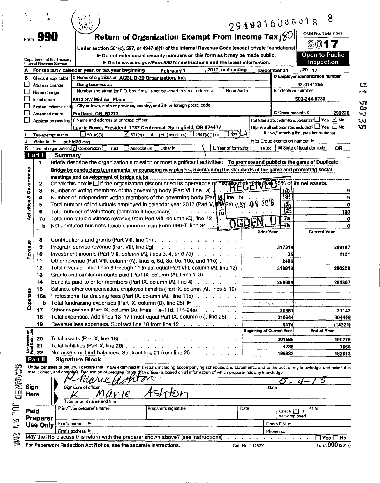 Image of first page of 2017 Form 990O for Acbl D-20 Organization