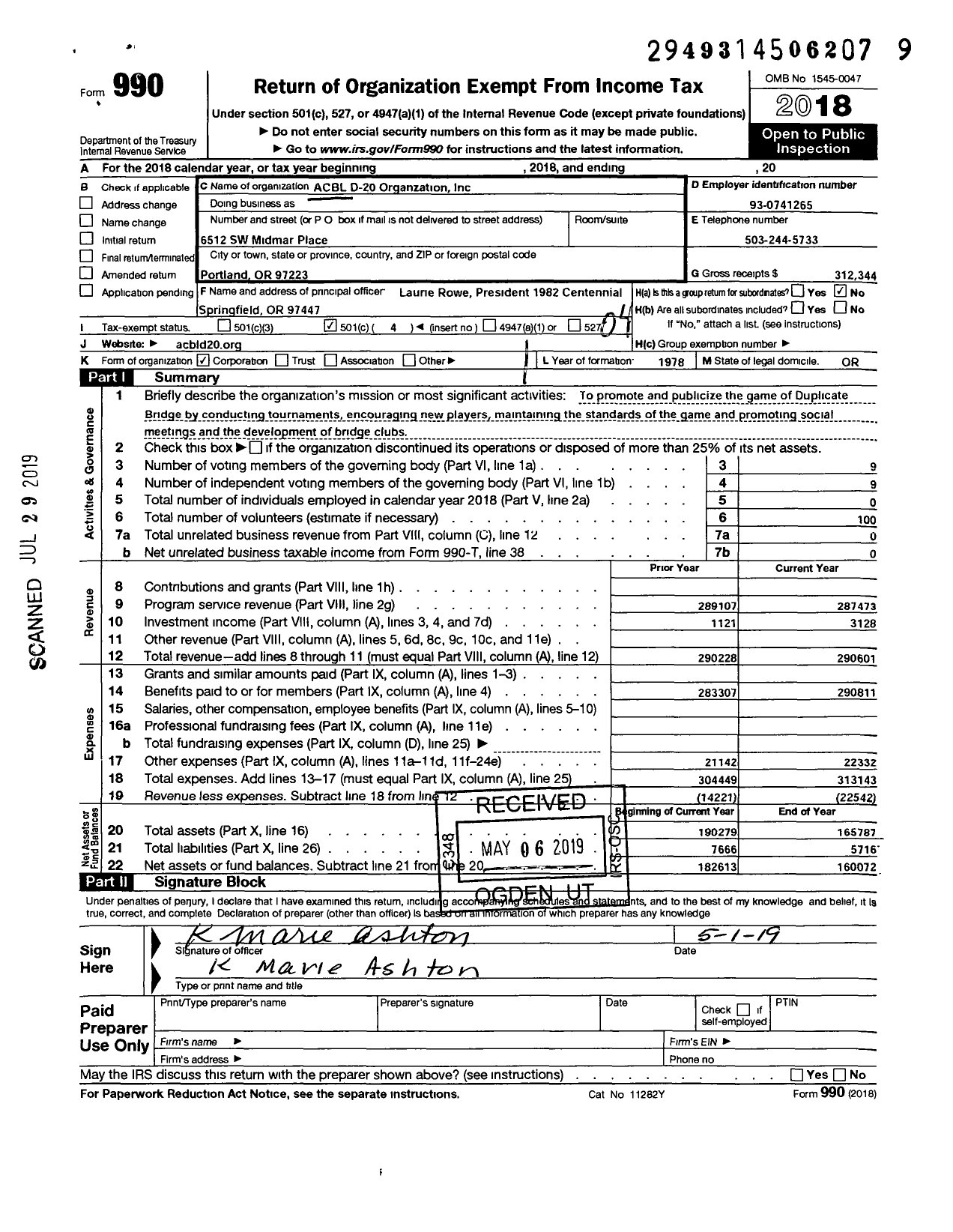 Image of first page of 2018 Form 990O for Acbl D-20 Organization