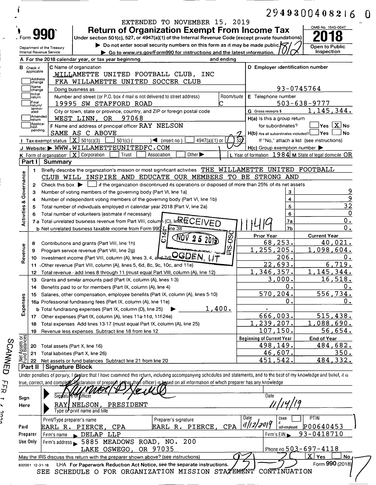 Image of first page of 2018 Form 990 for Willamette United Football Club