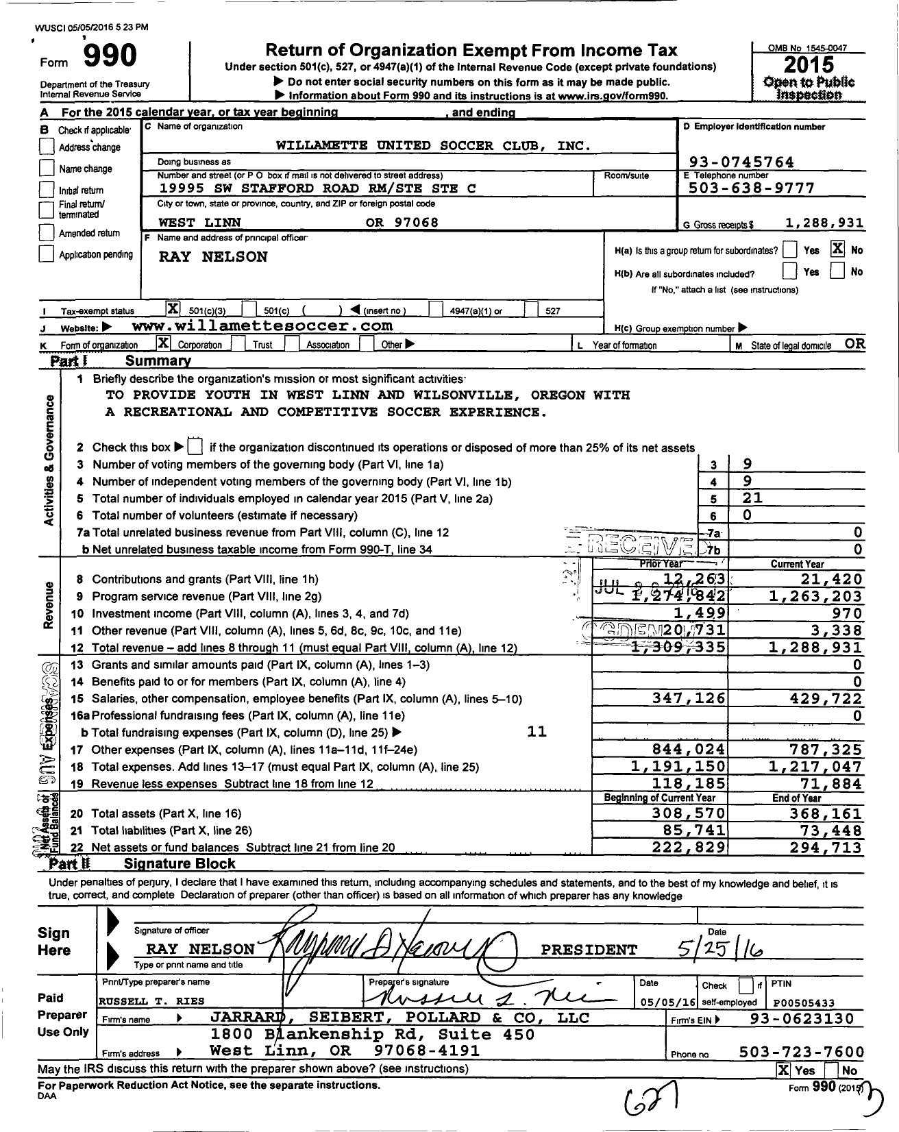 Image of first page of 2015 Form 990 for Willamette United Football Club