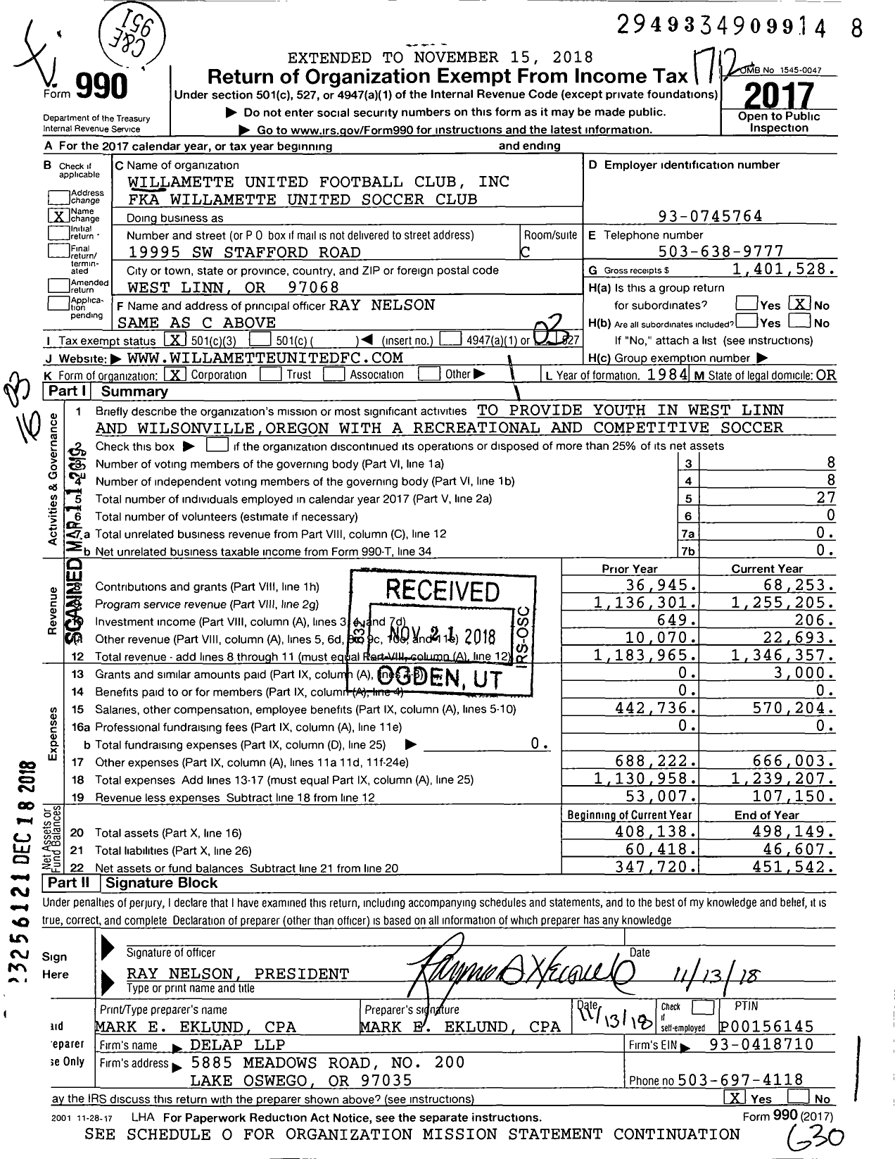 Image of first page of 2017 Form 990 for Willamette United Football Club