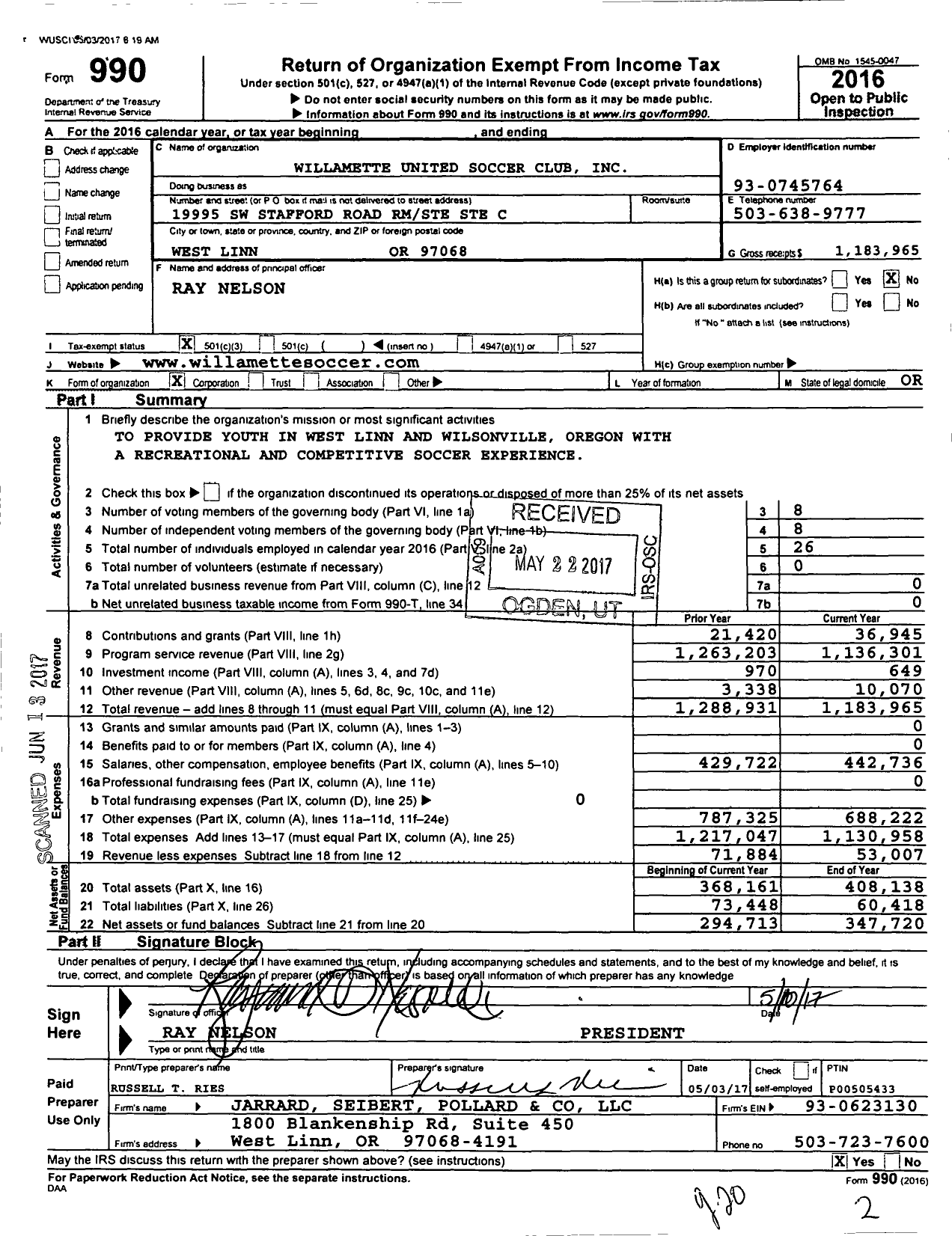 Image of first page of 2016 Form 990 for Willamette United Football Club
