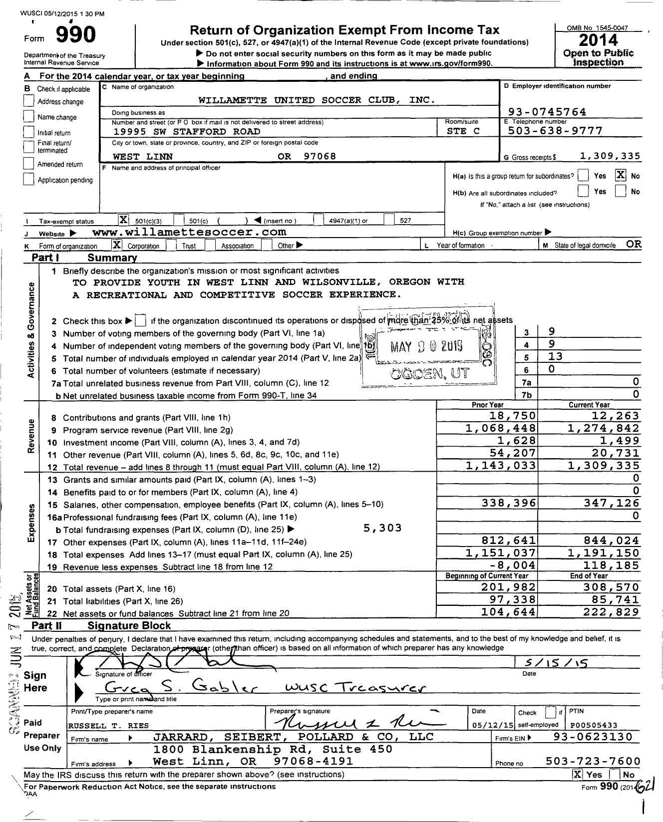 Image of first page of 2014 Form 990 for Willamette United Football Club