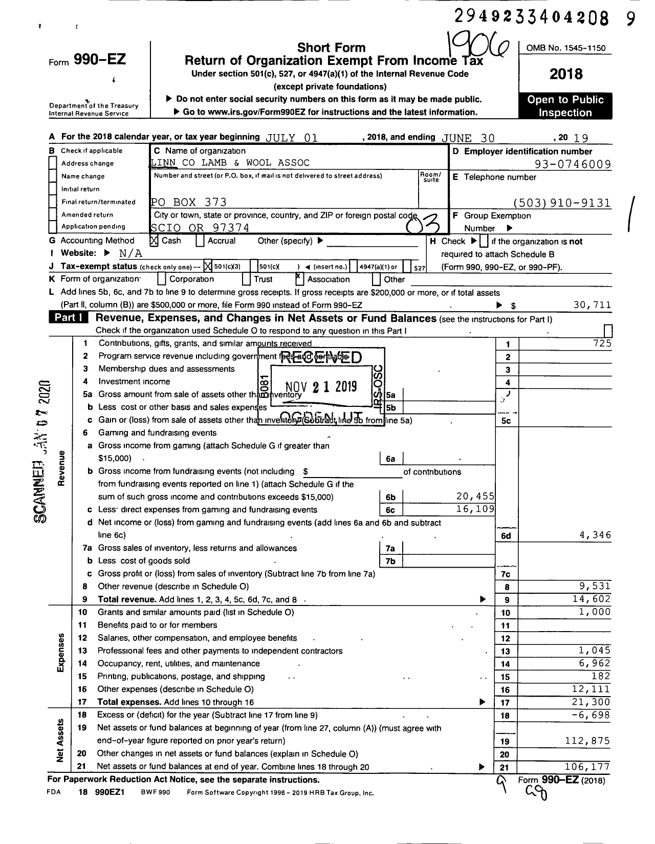 Image of first page of 2018 Form 990EZ for Linn Lamb and Wool Association