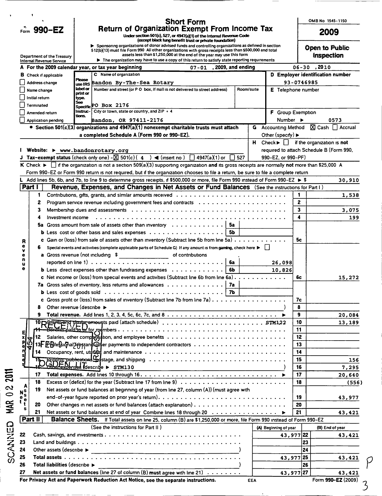 Image of first page of 2009 Form 990EO for Rotary International - Bandon-By-The-Sea