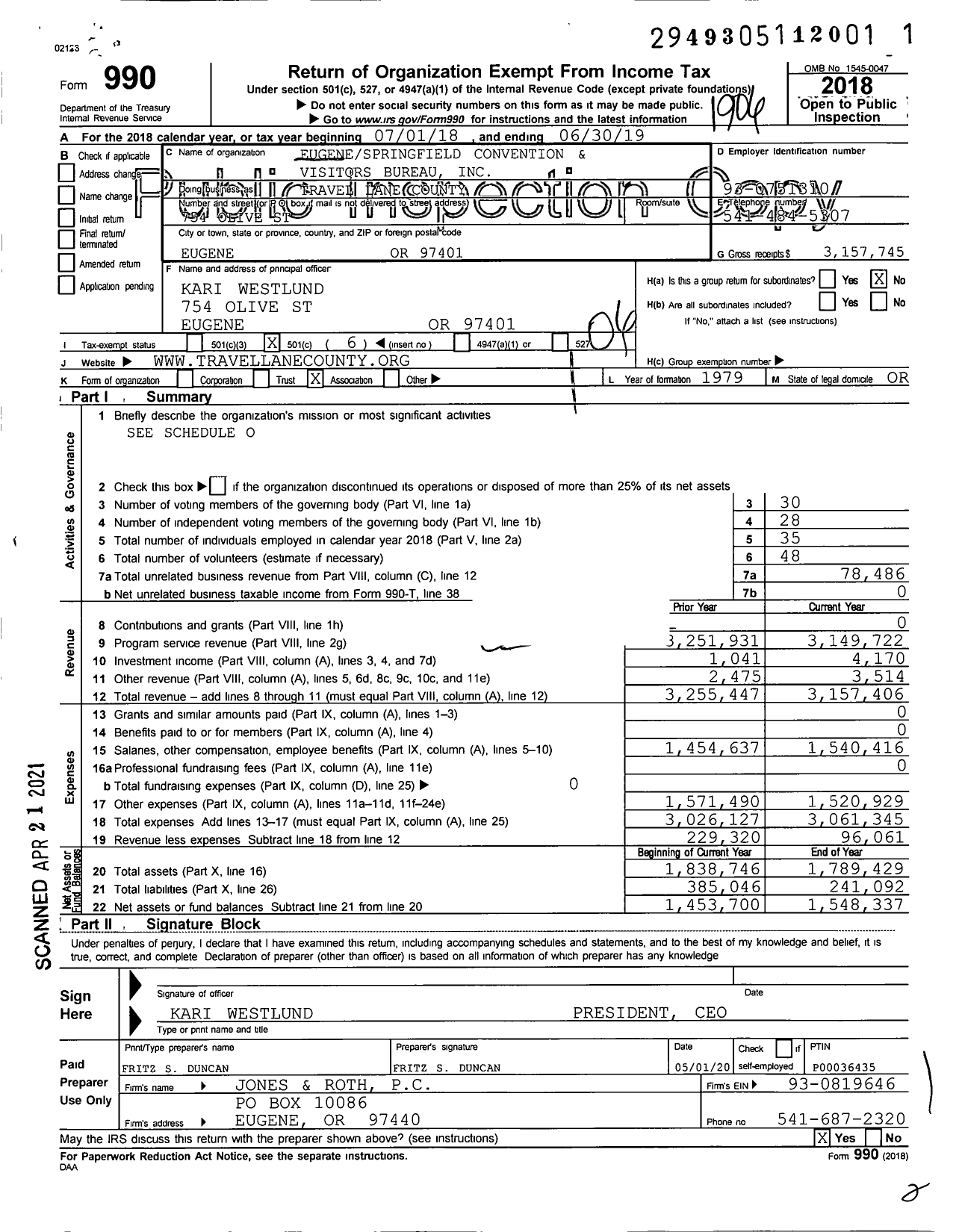 Image of first page of 2018 Form 990O for Travel Lane County