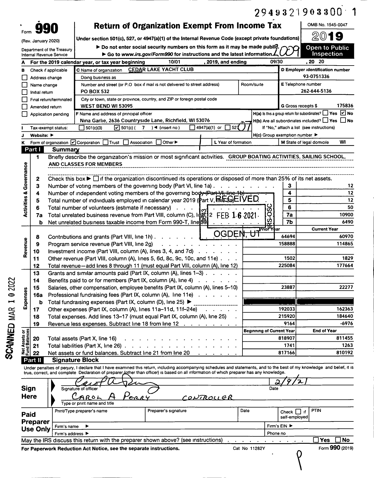 Image of first page of 2019 Form 990O for Cedar Lake Yacht Club