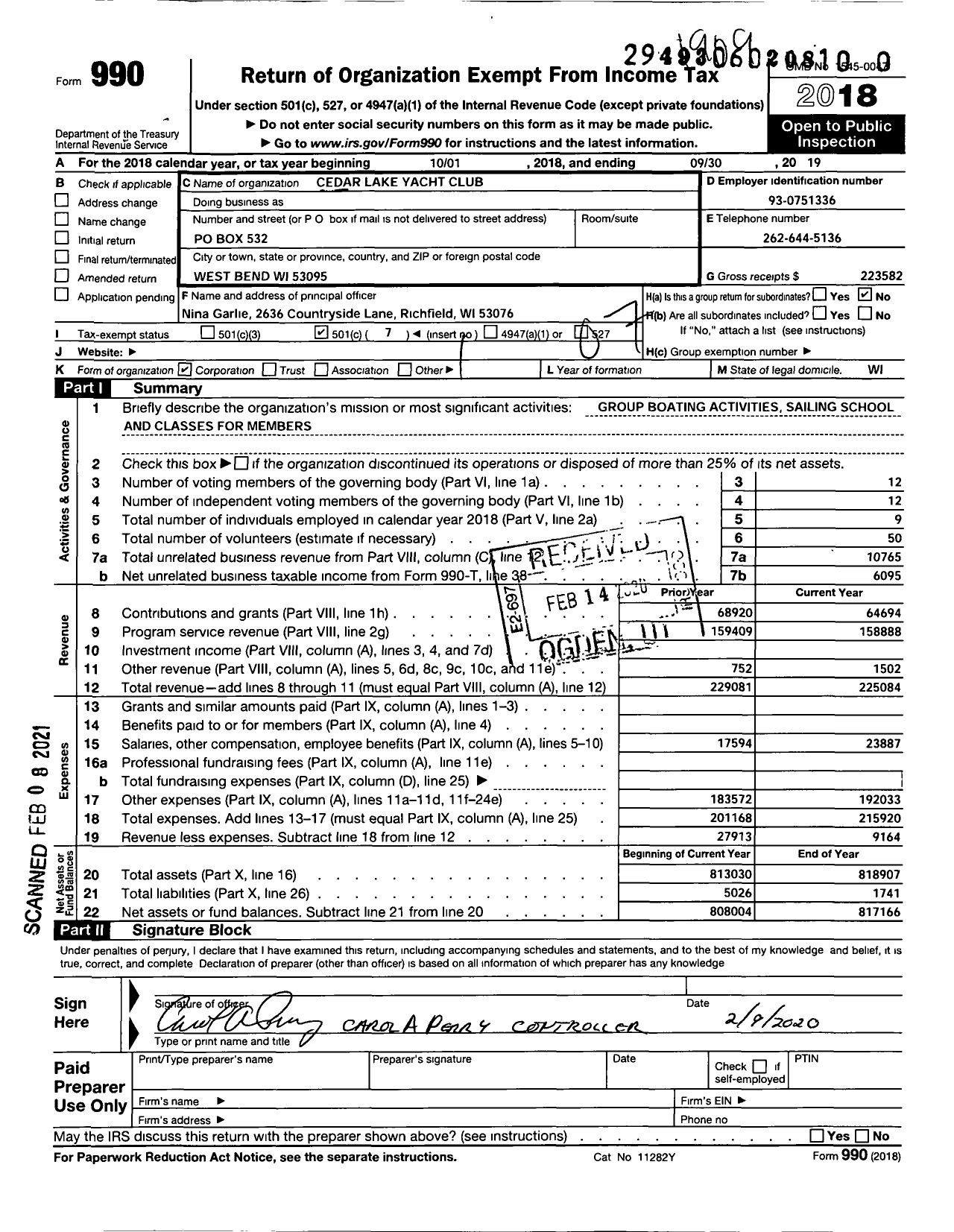 Image of first page of 2018 Form 990O for Cedar Lake Yacht Club