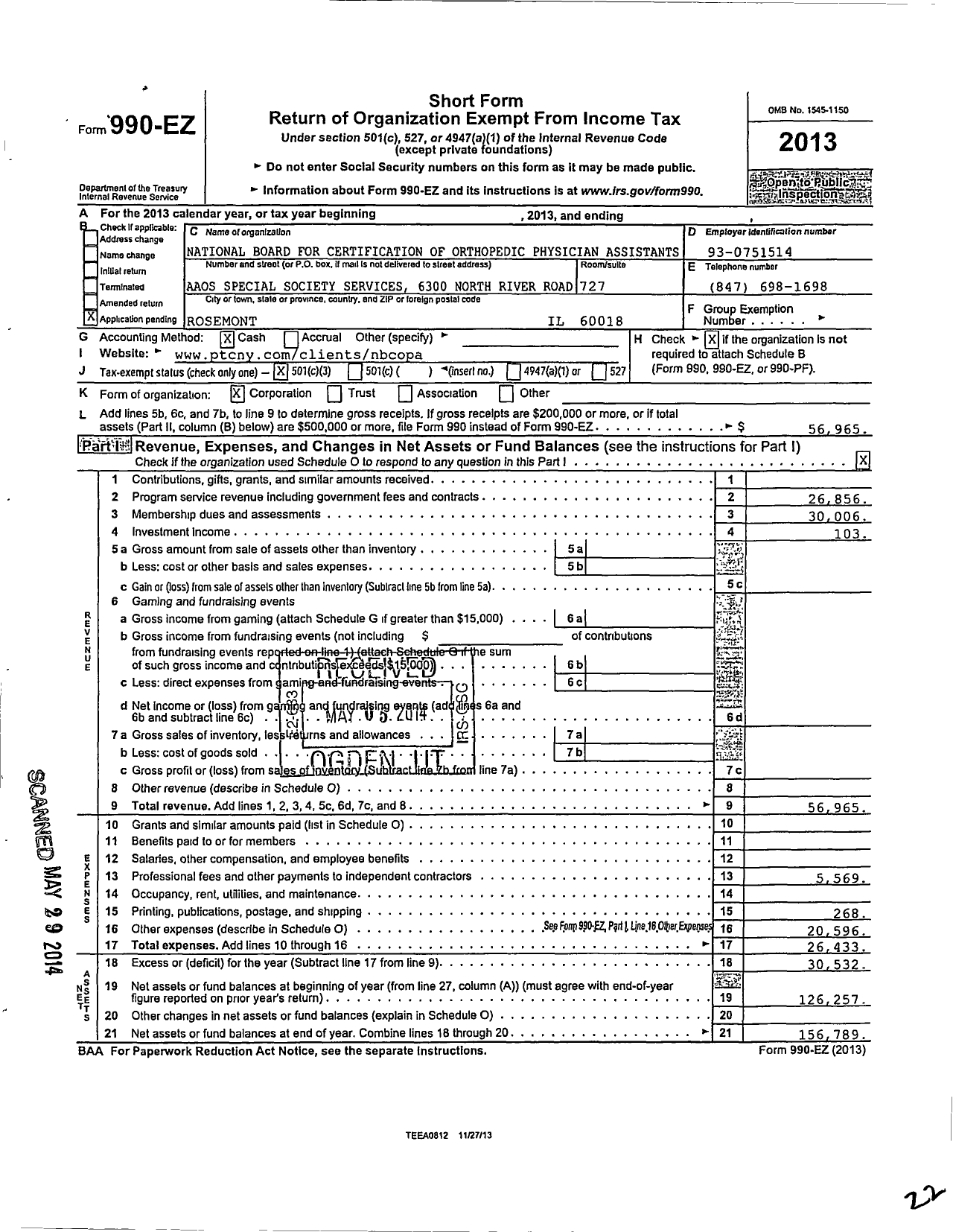 Image of first page of 2013 Form 990EZ for National Board for Certification of Orthopedic Physician Assistants