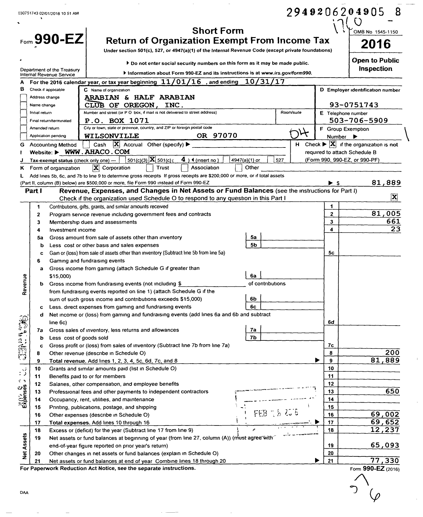 Image of first page of 2016 Form 990EO for Arabian and Half Arabian Club of Oregon