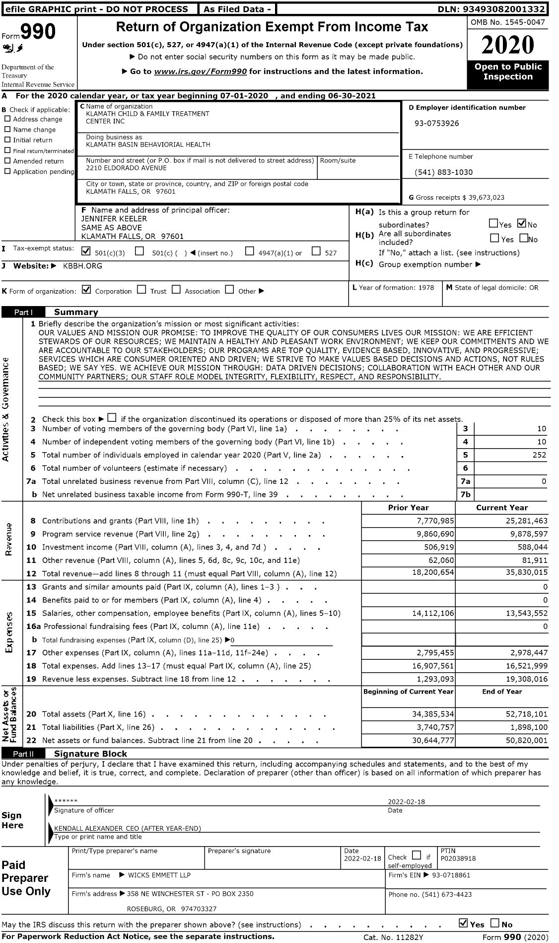 Image of first page of 2020 Form 990 for Klamath Basin Behaviorial Health (KBBH)