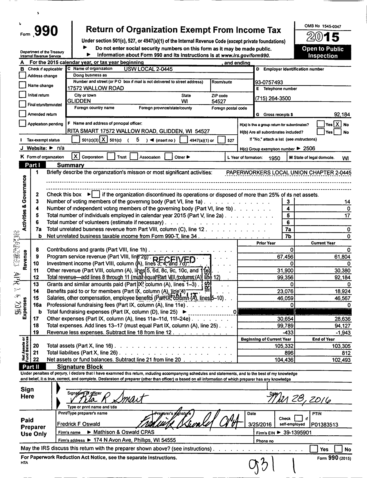 Image of first page of 2015 Form 990O for United Steelworkers - 00445 Local