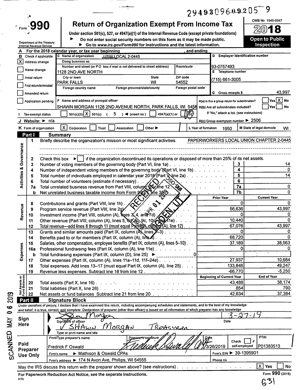 Image of first page of 2018 Form 990O for United Steelworkers - 00445 Local