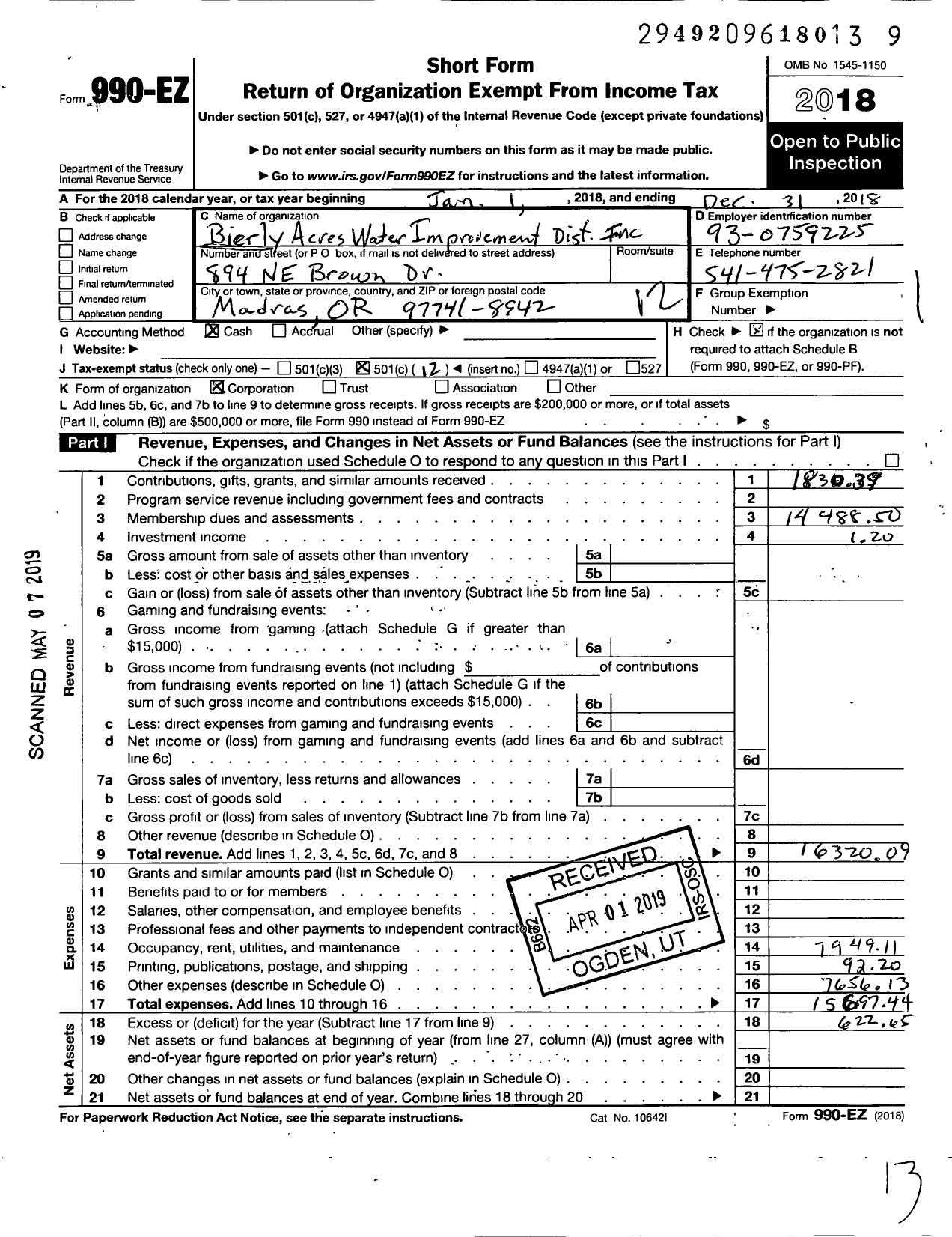 Image of first page of 2018 Form 990EO for Bierly Acres Water Improvement Dist Incorp