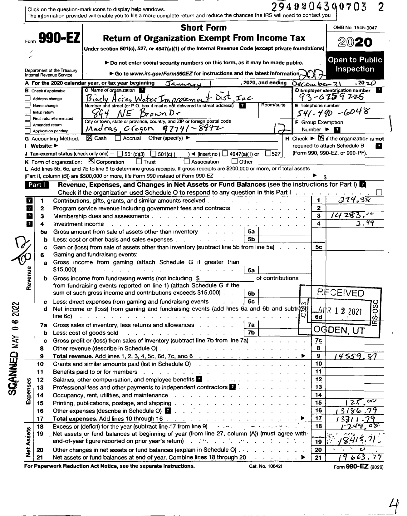 Image of first page of 2020 Form 990EO for Bierly Acres Water Improvement Dist Incorp