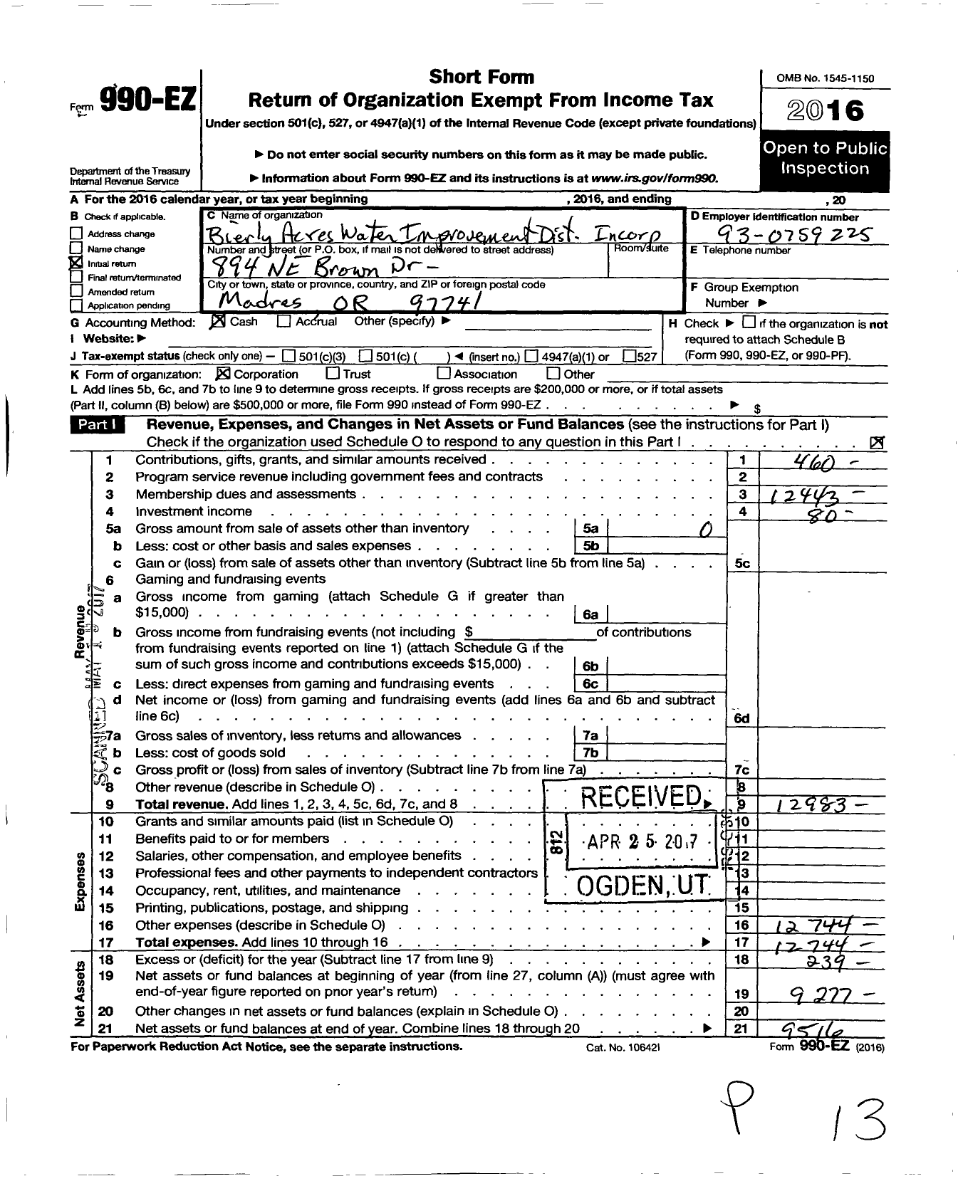 Image of first page of 2016 Form 990EO for Bierly Acres Water Improvement Dist Incorp