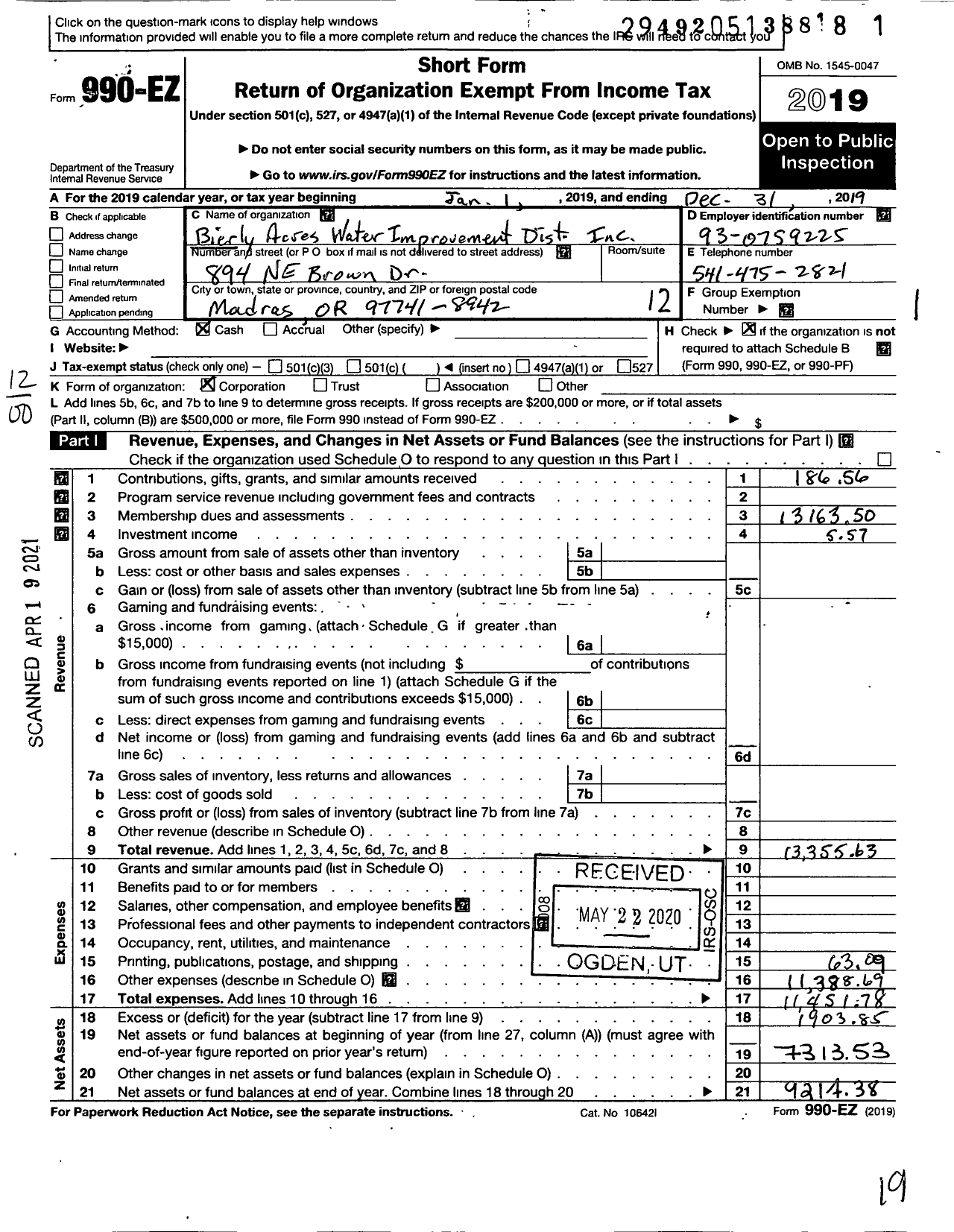 Image of first page of 2019 Form 990EO for Bierly Acres Water Improvement Dist Incorp