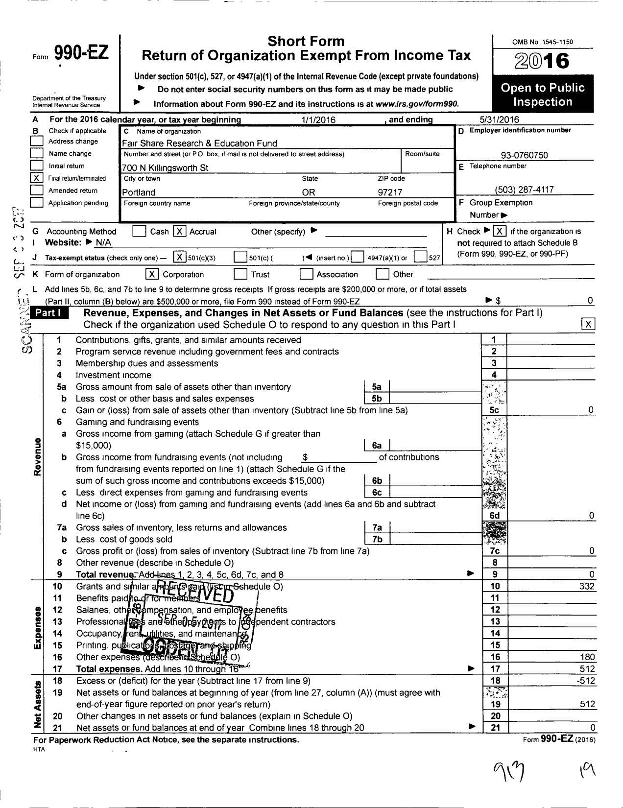 Image of first page of 2015 Form 990EZ for Fair Share Research and Education Fund